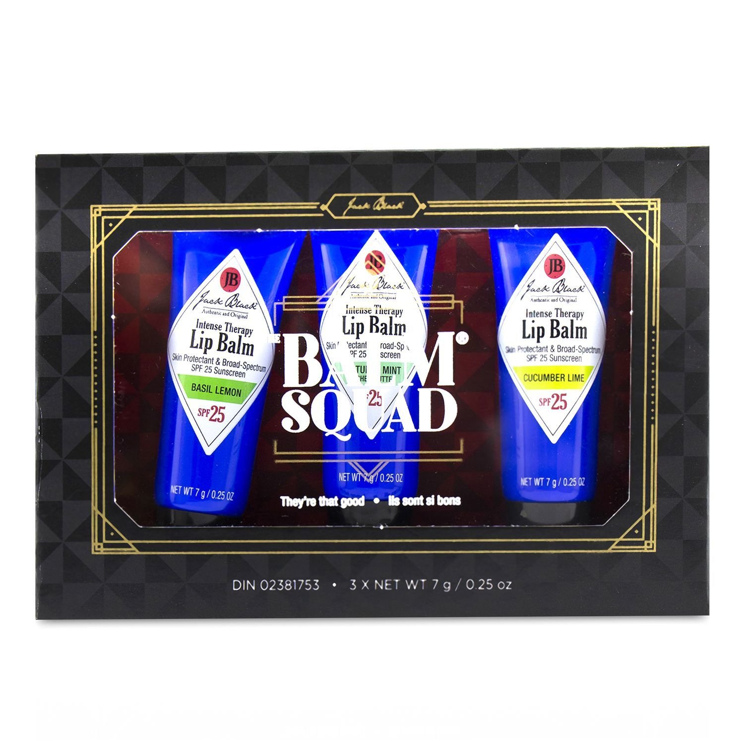 Jack Black The Balm Squad Gift Set: Intense Therapy Lip Balm SPF25 (Natural Mint & Shea Butter + Cucumber Lime + Basil Lemon) 3pcs