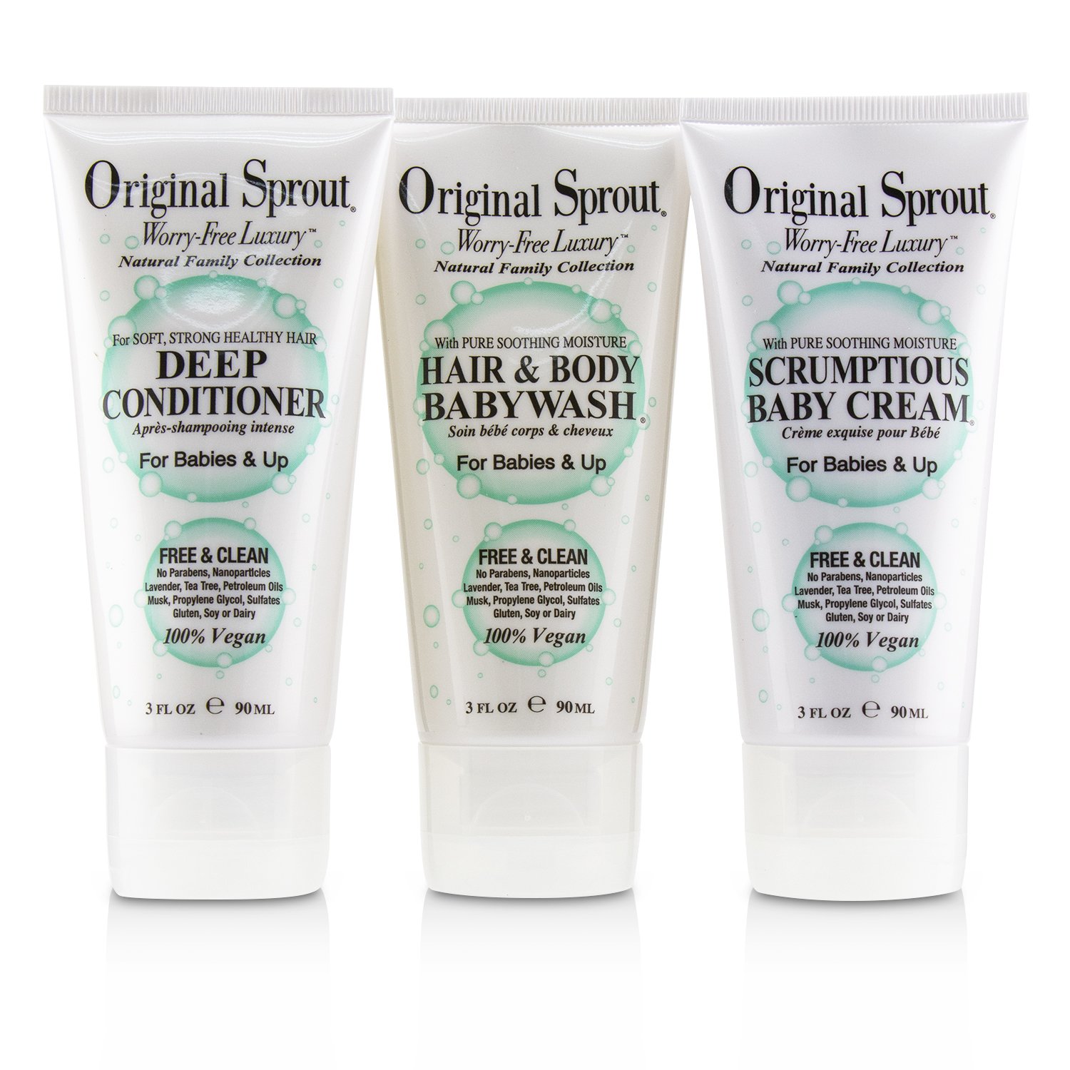 Original Sprout Set de Viaje Trio: 1x Acondicionador Profundo 90ml+1x Jabón de Bebé de Cabello y Cuerpo 90ml +1x Scrumptious Crema de Bebé 90ml (Para Bebés & Niños) 3pcs