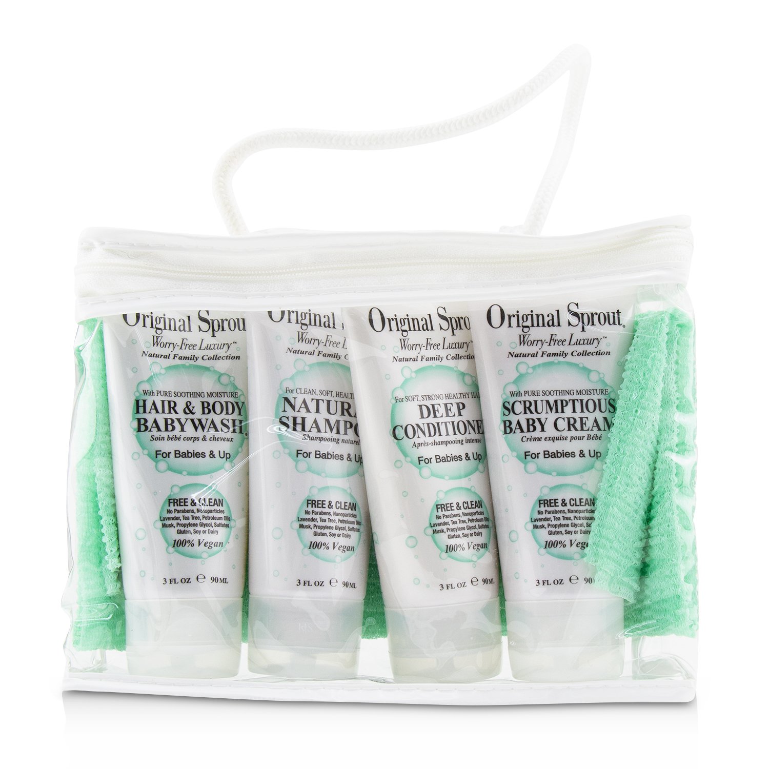 Original Sprout Deluxe Travel Kit: 1x Hair & Body Wash +1x Shampoo 30ml+ 1x Conditioner +1x Baby Cream +1x Washcloth (For Babies & Up 5pcs
