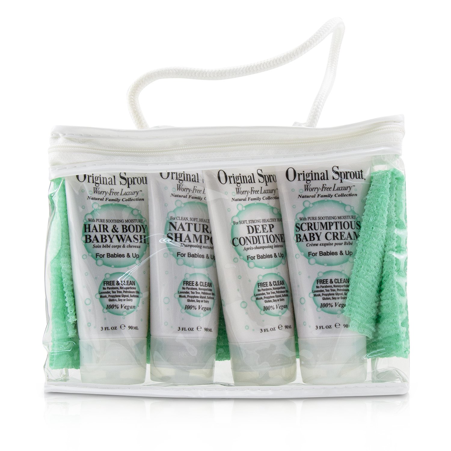 Original Sprout Deluxe Travel Kit: 1x Hair & Body Wash +1x Shampoo 30ml+ 1x Conditioner +1x Baby Cream +1x Washcloth (For Babies & Up 5pcs