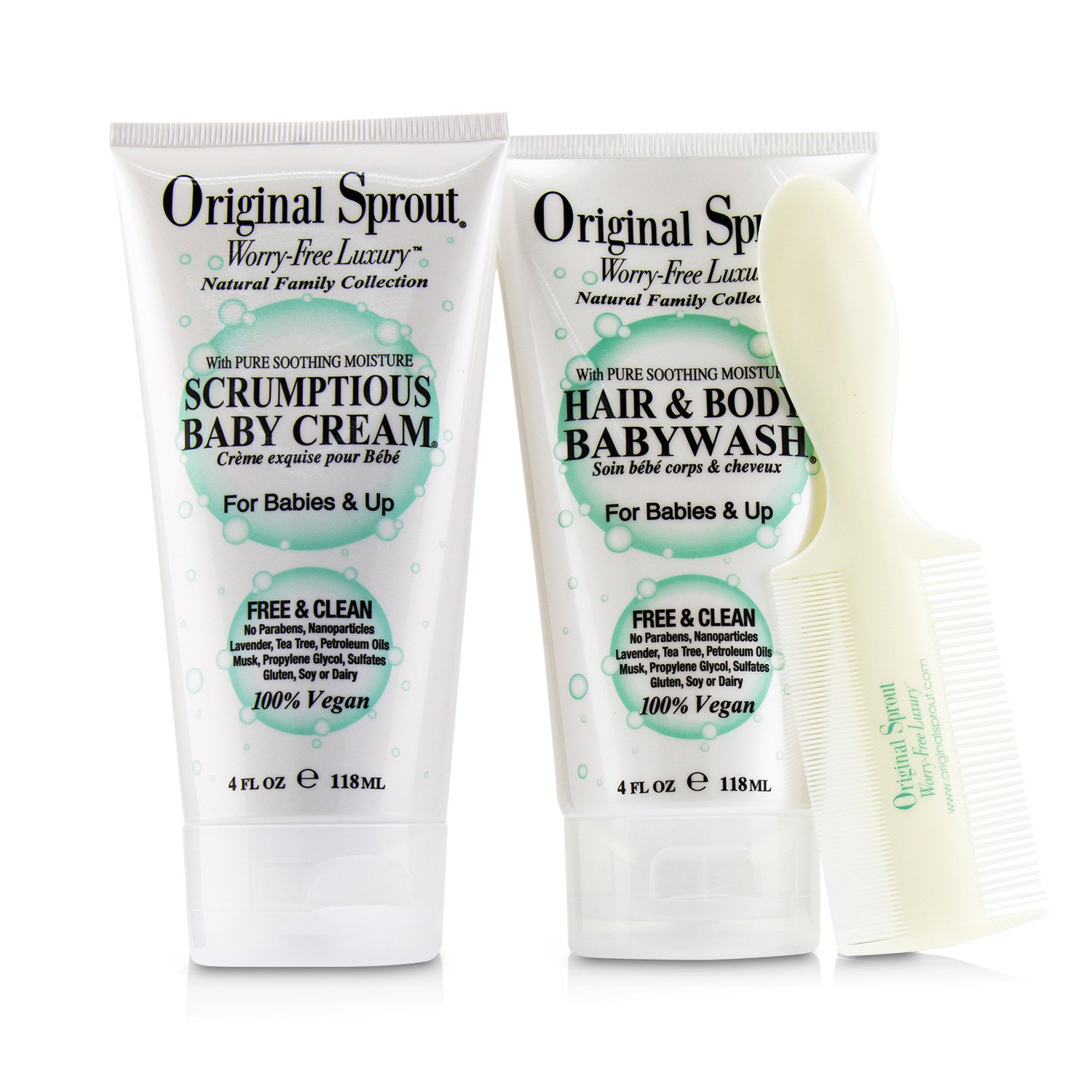 Original Sprout Baby's First Bath Kit: 1x Hair & Body Baby Wash 118ml + 1x Scrumptious Baby Cream 118ml + 1x Comb (For Babies & Up) 3pcs