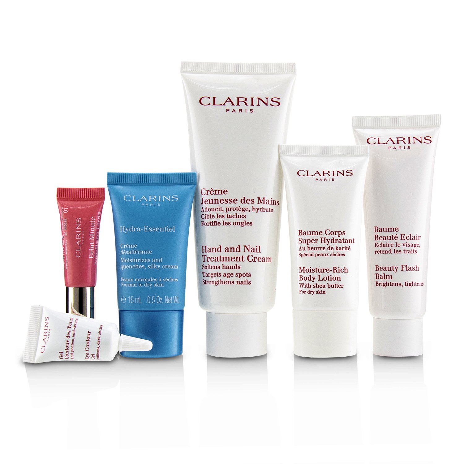 Clarins 克蘭詩 (嬌韻詩) 週末護理組合: 護手霜+晶瑩亮麗霜+柔潤身體乳+眼部修護凝露+水潤活肌保濕輕盈乳霜+蘋果公主嘟唇蜜 6pcs+1bag