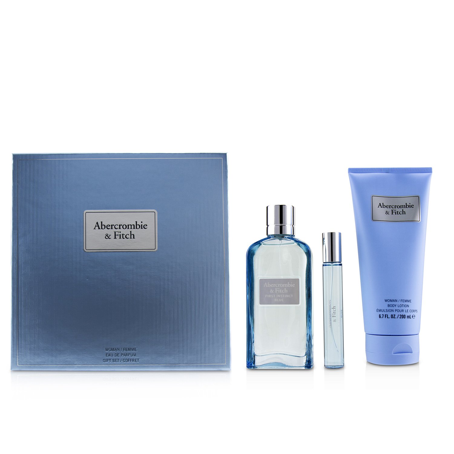 Abercrombie & Fitch First Instinct Blue מארז: או דה פרפיום ספריי 100 מ&quot;ל + קרם גוף 200 מ&quot;ל + או דה פרפיום ספריי 15 מ&quot;ל 3pcs
