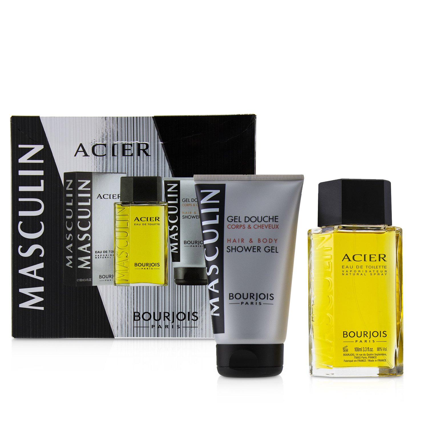 Bourjois Masculin Coffret: Acier Eau De Toilette Spray 100ml+Hair & Body Shower Gel 150ml/5oz 2pcs