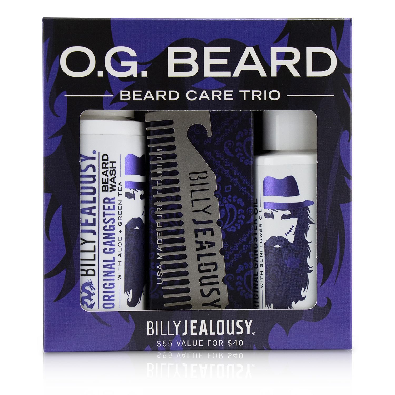 Billy Jealousy O.G. Beard Care Trio Set : 1x Beard Wash 60ml + 1x Beard Oil 60ml + 1x Titanium Comb 3pcs