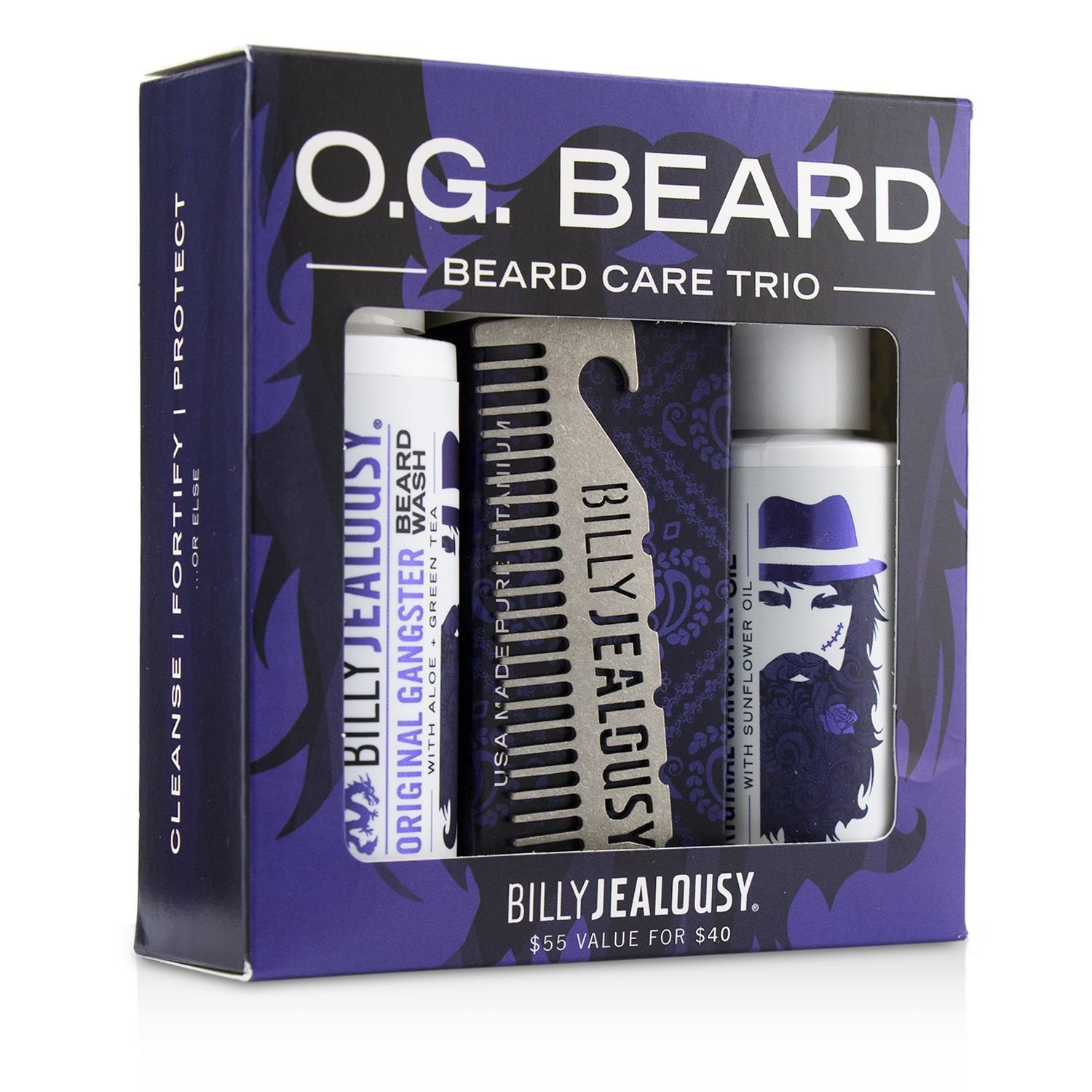 Billy Jealousy O.G. Beard Care Trio Set : 1x Beard Wash 60ml + 1x Beard Oil 60ml + 1x Titanium Comb 3pcs