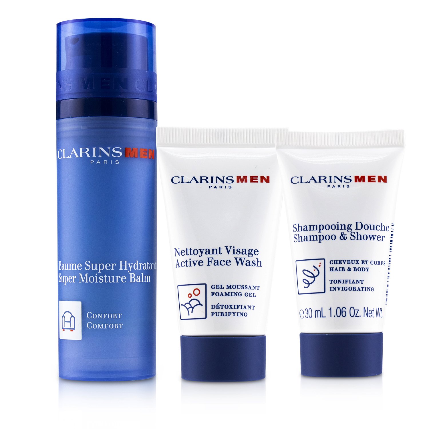 Clarins Men Everyday Hydration Heroes Set : 1x Super Moisture Balm 50ml+1x Shampoo & Shower 30ml+1x Active Face Wash 30ml 3pcs