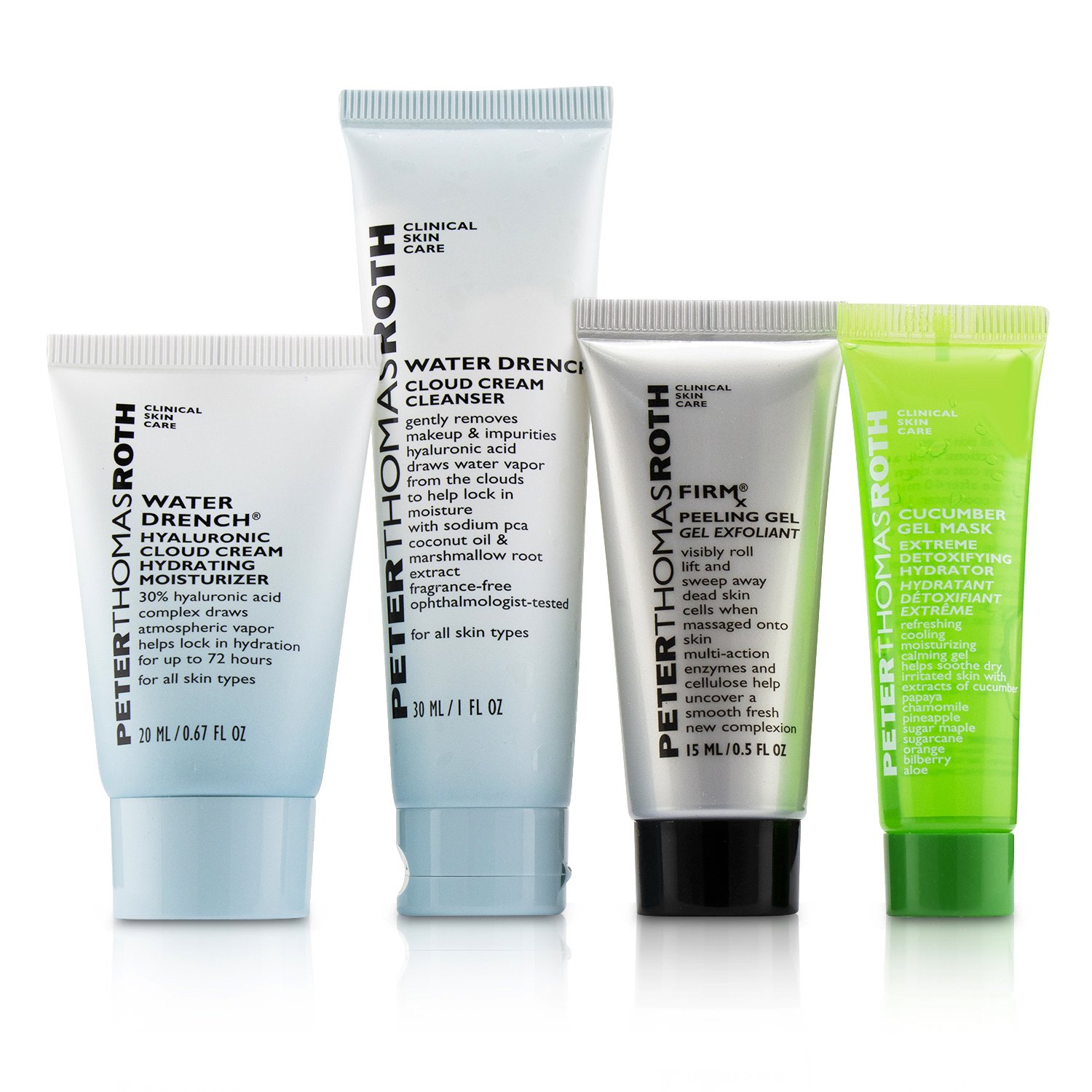 Peter Thomas Roth Jet, Set, Facial ! 4-Piece Kit: 1x Cleanser 30ml + 1x Moisturizer 20ml + 1x Cucumber Gel Mask 14ml + 1x Peeling Gel 15ml 4pcs