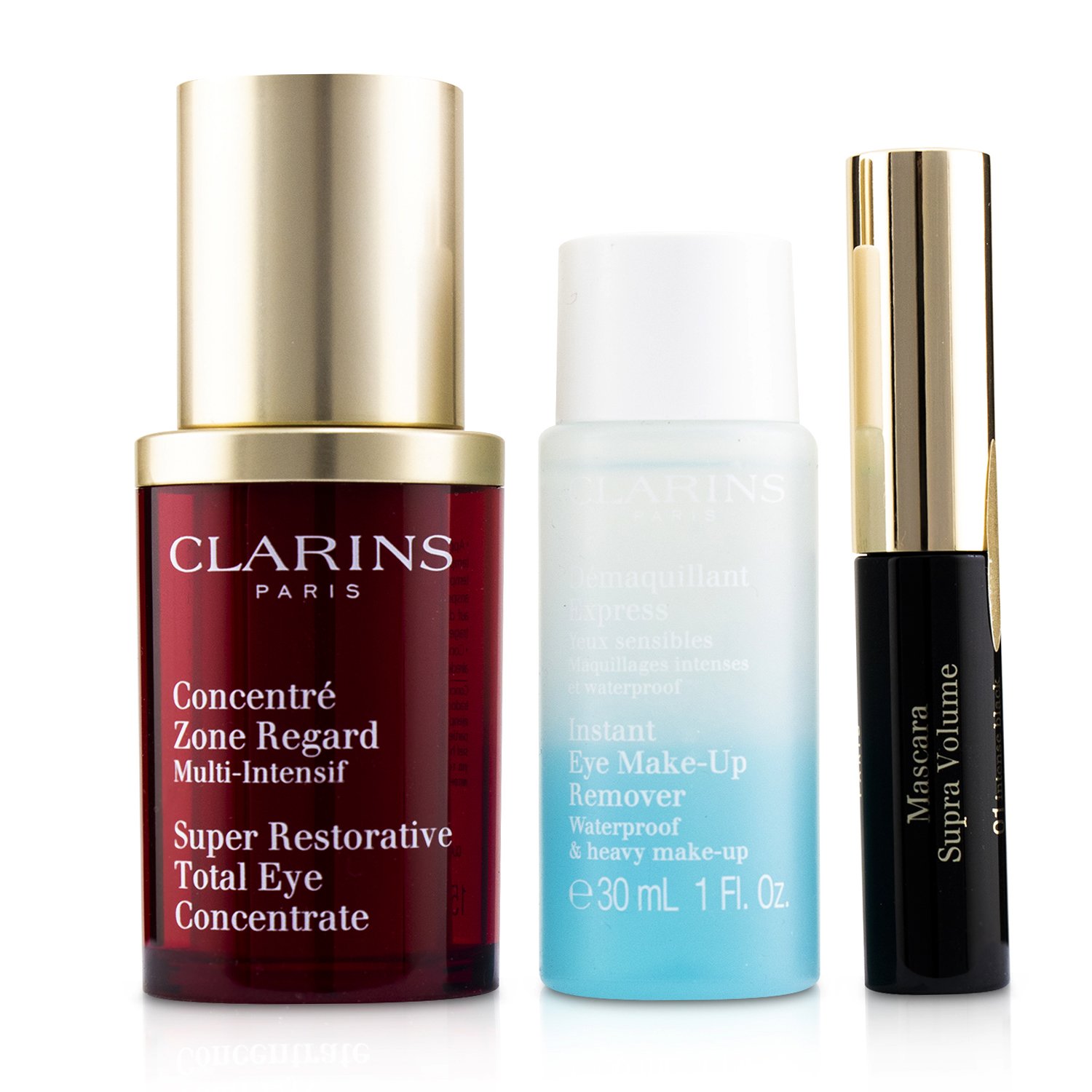 Clarins Restoring Eye Wonders Set: Super Restorative Eye 15ml + Instant Make-Up Remover 30ml + Mascara Super Volume 3.5ml 3pcs