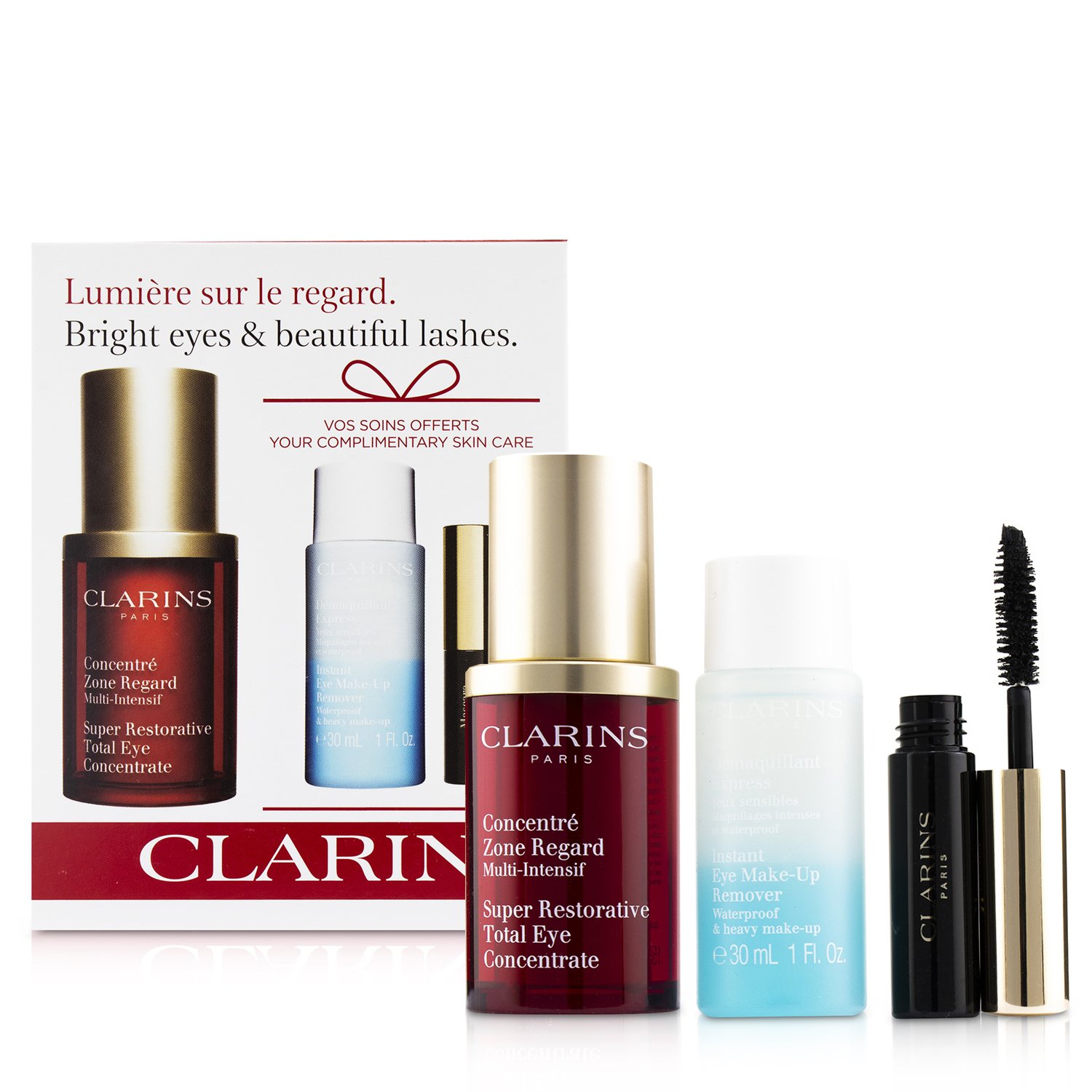 Clarins Restoring Eye Wonders Set: Super Restorative Eye 15ml + Instant Make-Up Remover 30ml + Mascara Super Volume 3.5ml 3pcs