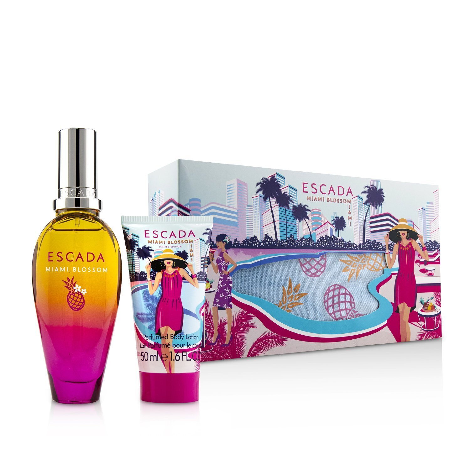 Escada Miami Blossom Coffret: Eau De Toilette Spray 50ml/1.6oz + Body Lotion 50ml/1.6oz + 1 Clutch Bag 2pcs+1Bag