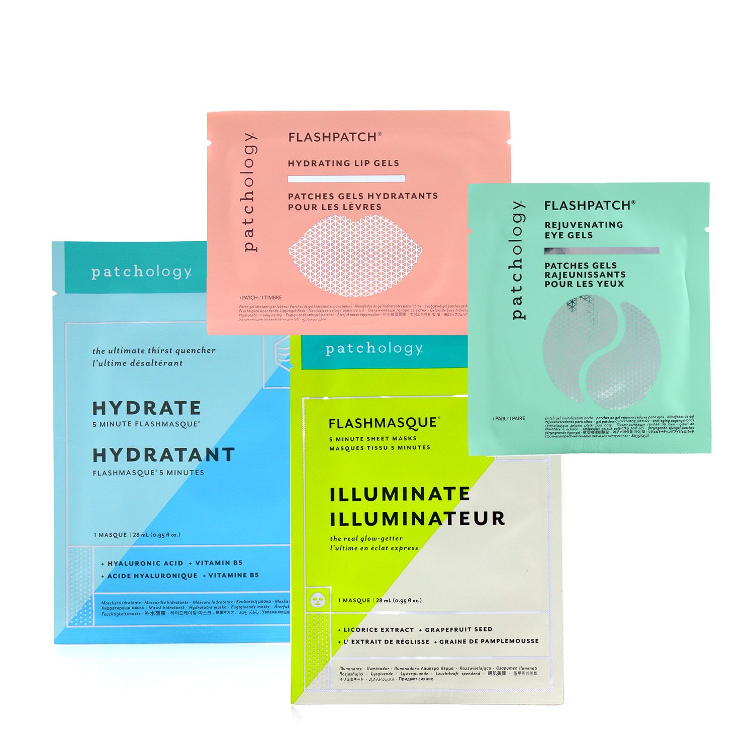 Patchology On the Fly Kit: 1x Hydrate Mask + 1x Illuminate Mask + 1x Rejuvenating Eye Gels + 1x Hydrating Lip Gel 4pcs