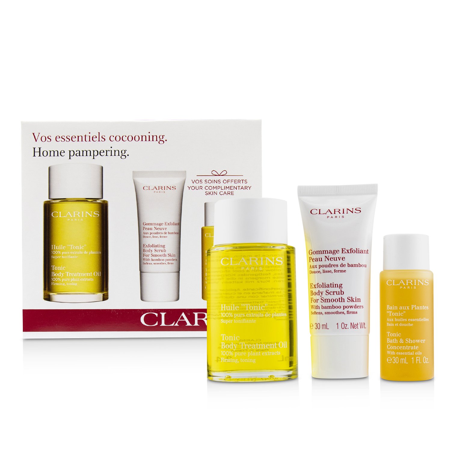 Clarins Набор для Домашнего Ухода: Тонизирующее Масло для Тела 100мл + Отшелушивающий Скраб для Тела 30мл + Концентрат для Душа и Ванн 30мл 3pcs
