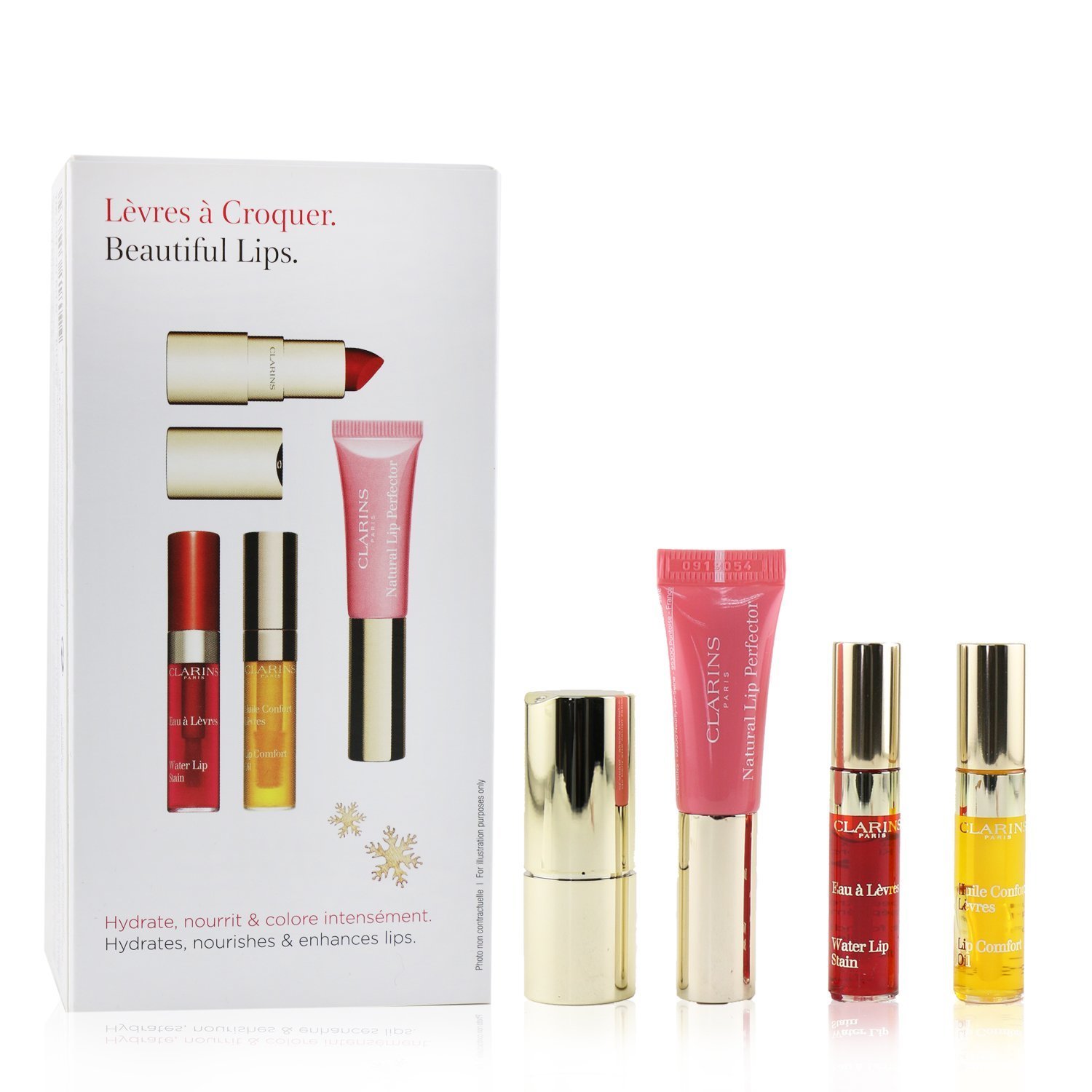 Clarins Beautiful Lips Set (1x Natural Lip Perfector , 1x Joli Rouge Velvet Lipstick, 1x Lip Comfort Oil, 1x Water Lip Stain) 4pcs