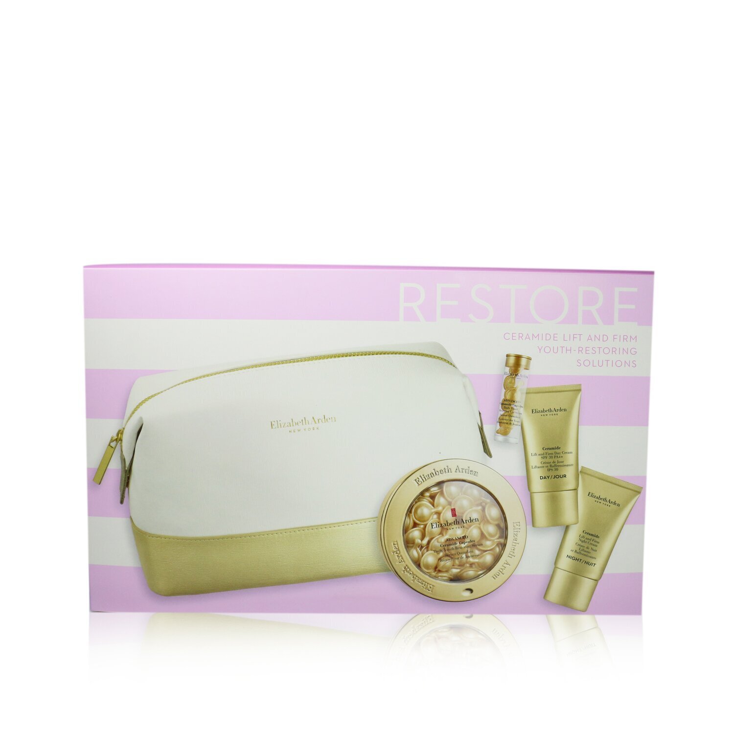 Elizabeth Arden Set Restaurador de Juventud de Ceramidas Levanta & Reafirma: Cápsulas de Ceramidas AVANZADAS 60 cápsulas + Crema de Día SPF30 15ml + Crema de Noche 15ml+ Crema de Ojos 4pcs+1bag