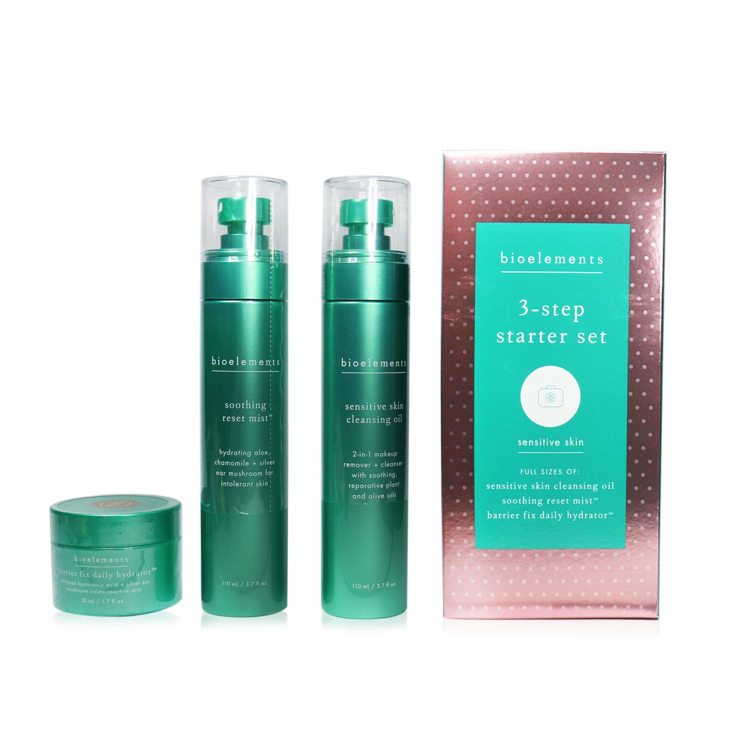 Bioelements 3-Step Starter Set : Sensitive Skin Cleansing Oil 110ml + Soothing Reset Mist 110ml + Barrier Fix Daily Hydrator 50ml 3pcs