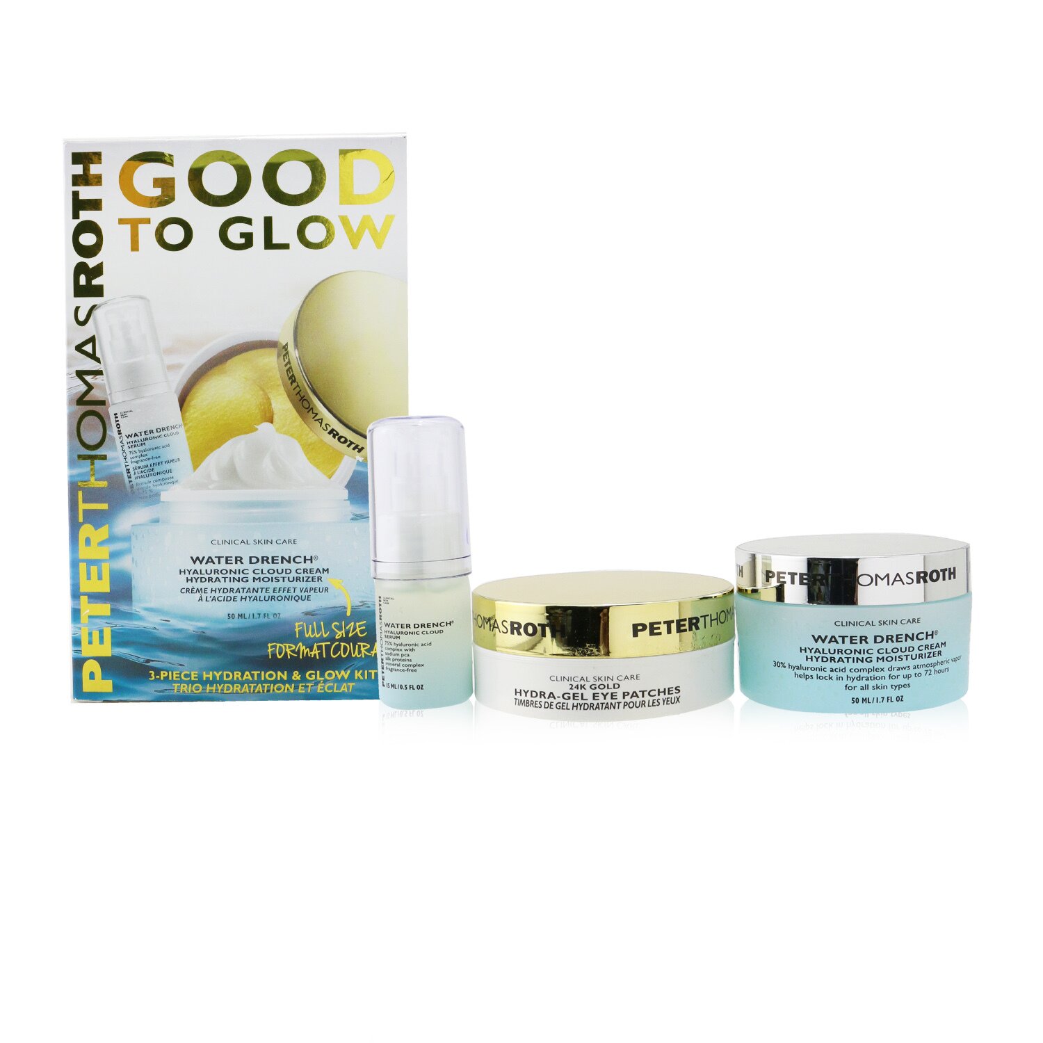 Peter Thomas Roth Good To Glow 3-Piece Hydration & Glow Kit : 24K Gold Eye Patches 15pairs+Hyaluronic Cloud Serum 15ml+Hydrating Moisturizer 50ml 3pcs
