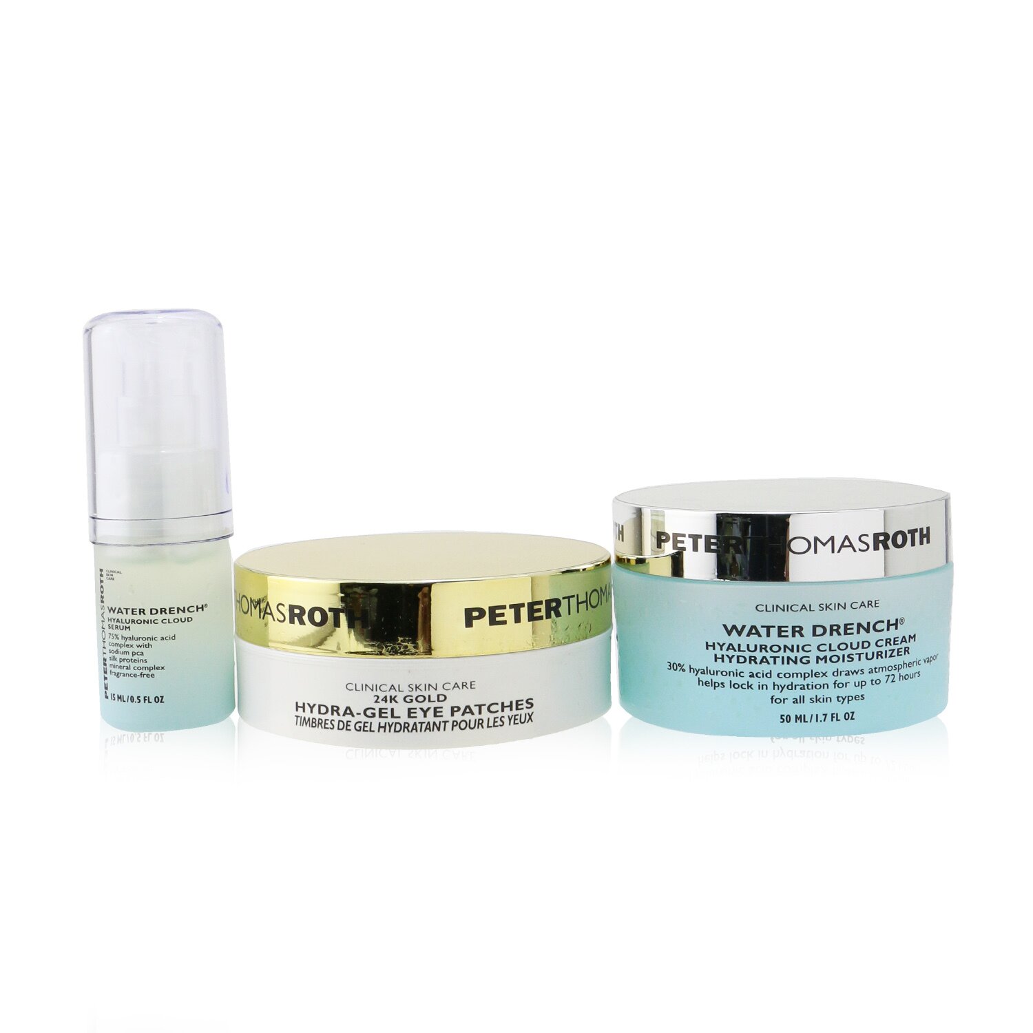 Peter Thomas Roth Good To Glow 3-Piece Hydration & Glow Kit : 24K Gold Eye Patches 15pairs+Hyaluronic Cloud Serum 15ml+Hydrating Moisturizer 50ml 3pcs