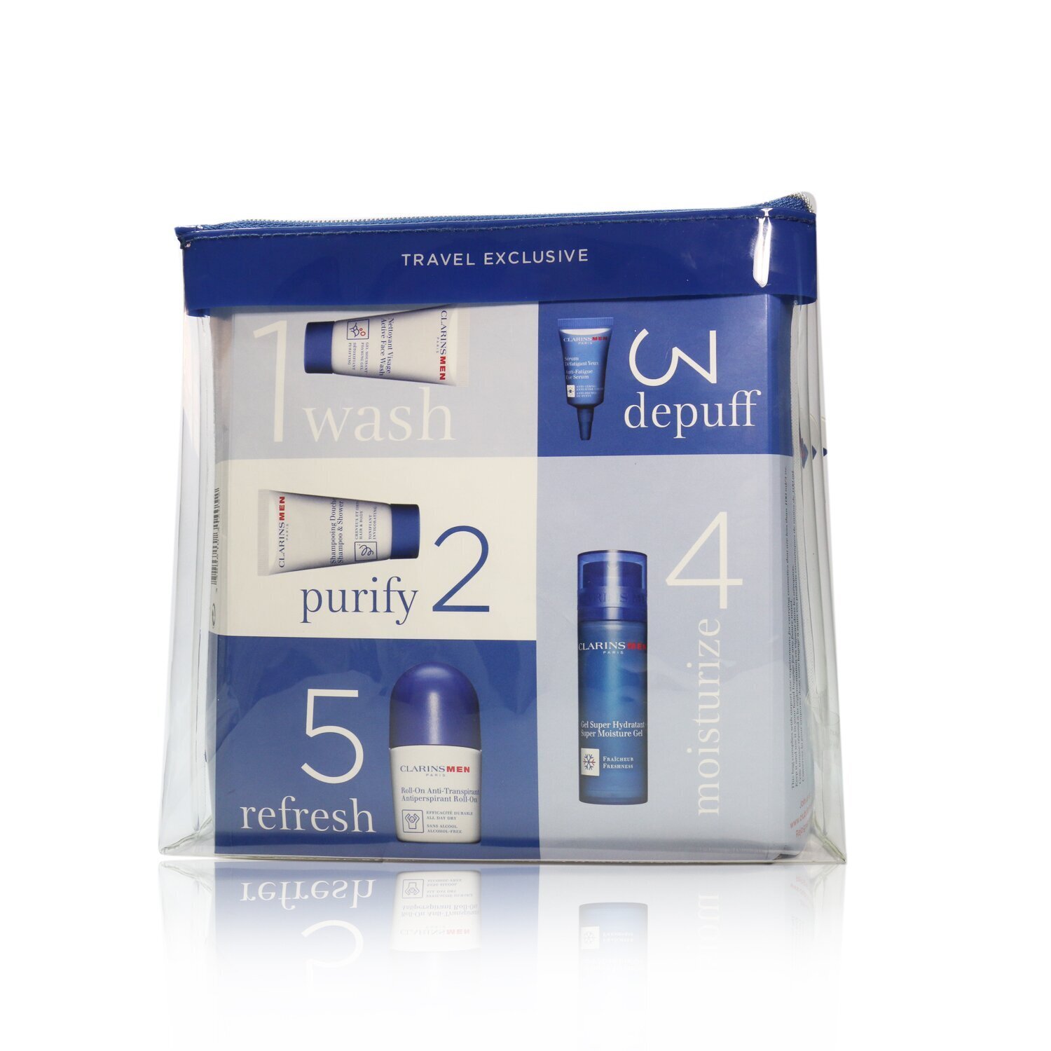 Clarins Kit de Viaje Exclusivo Men Grooming Essentials For Men: Gel Hidratante 50ml + Jabón Facial 30ml + Suero de Ojos 3ml + Antitranspirante en Roll-On 50ml + Champú & Ducha 30ml 5pcs+1bag