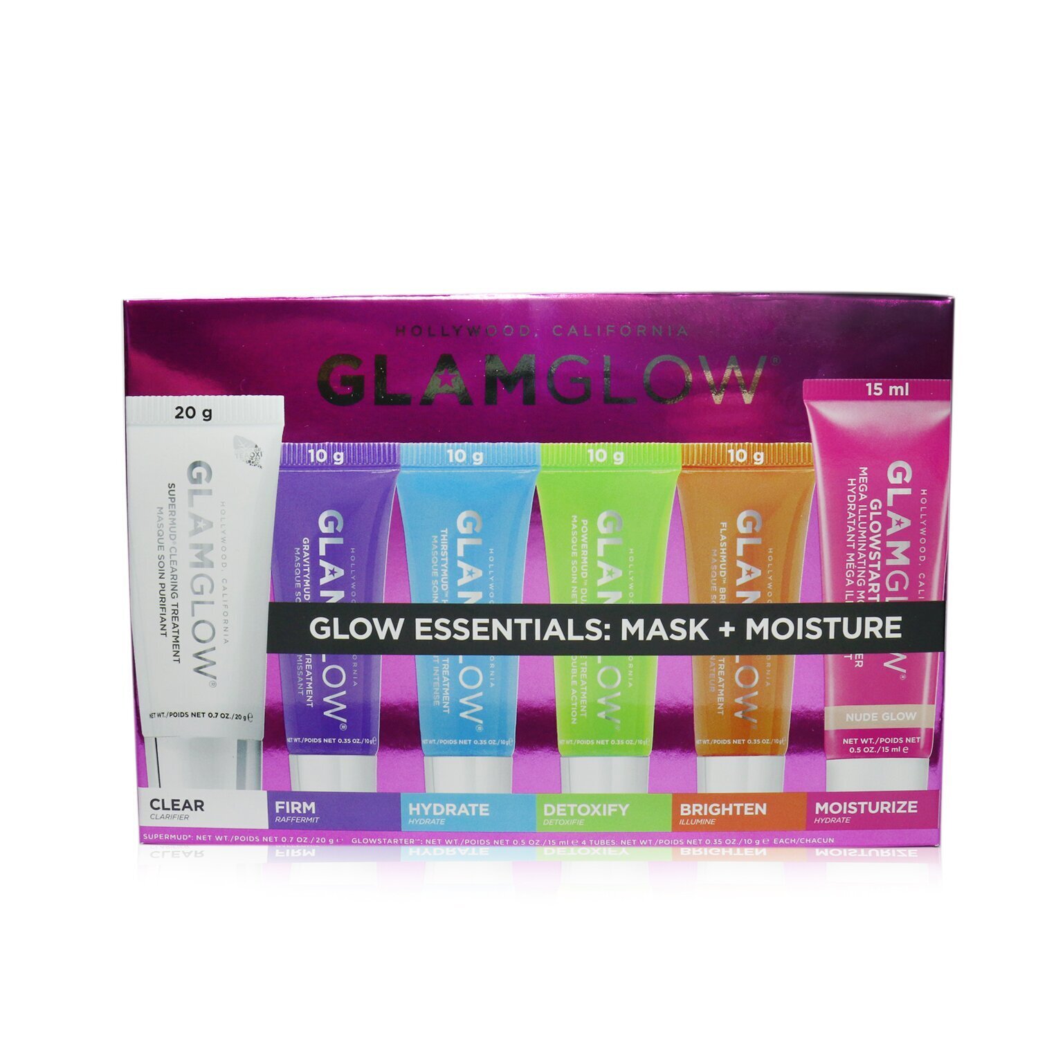 Glamglow Glow Essentials: Mask + Moisture Set: Supermud + GravityMud + Thirstymud + PowerMud + FlashMud + Glowstarter Nude Glow 6pcs