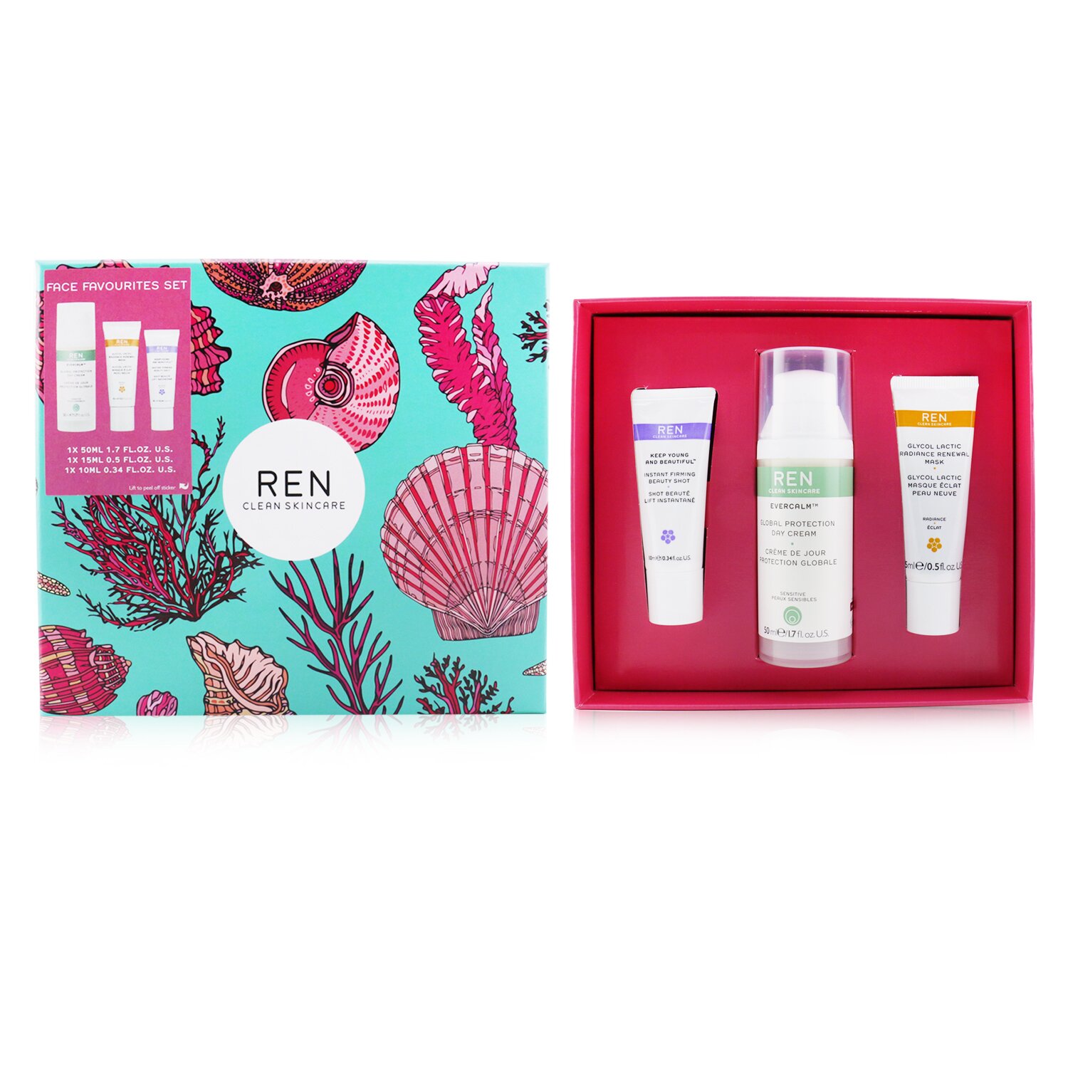 Ren Face Favourites Set: Glycol Latic Mask 15ml + Evercalm Day Cream 50ml + keep Young & Beautiful Beauty Shot 10ml 3pcs