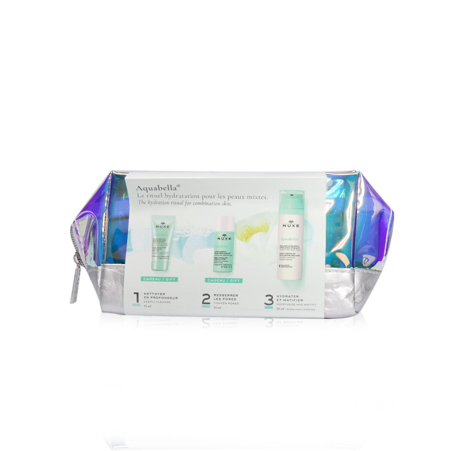 Nuxe Set Aquabella Hidratación (Para Piel Mixta): Gel Purificante 15ml + Esencia-Loción 35ml + Emulsión Hidratante 50ml 3pcs+1bag