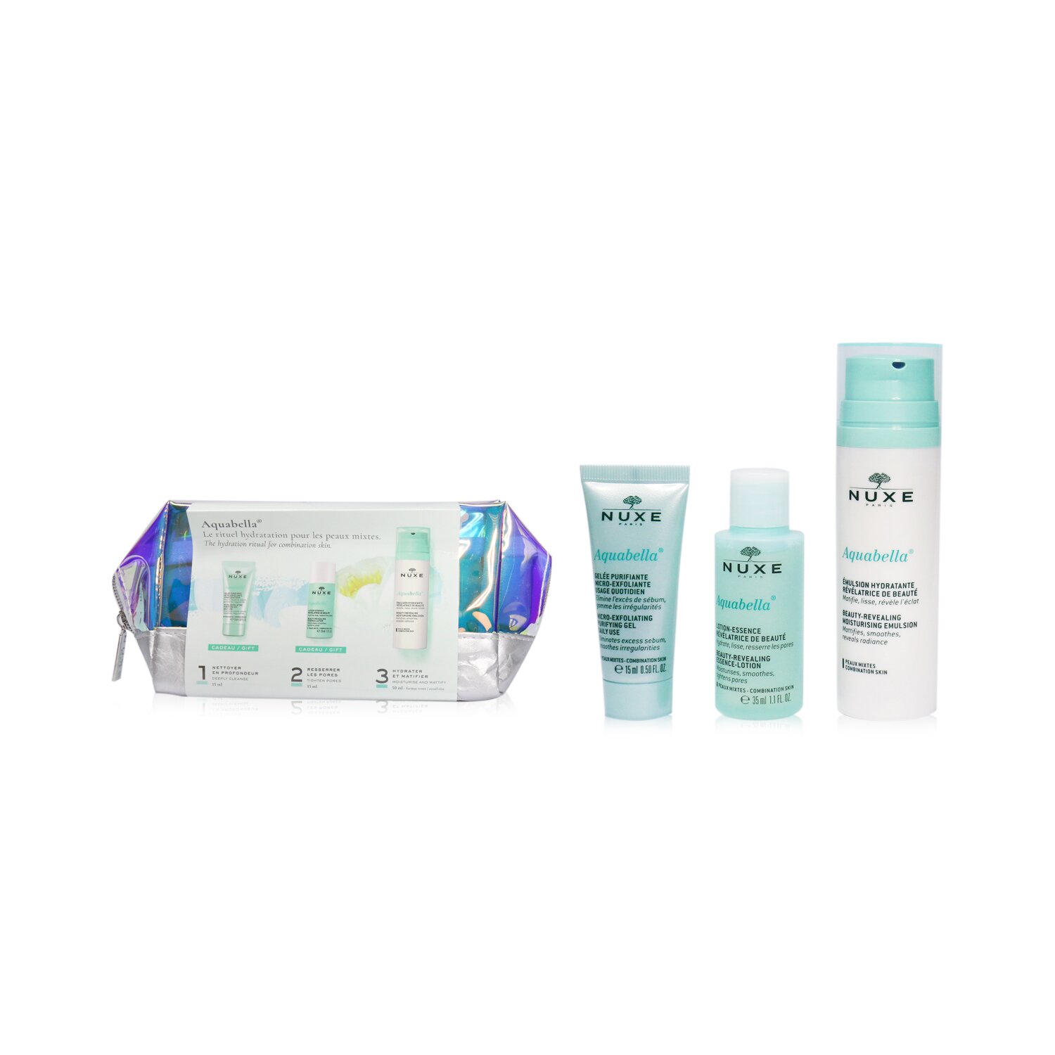 Nuxe Set Aquabella Hidratación (Para Piel Mixta): Gel Purificante 15ml + Esencia-Loción 35ml + Emulsión Hidratante 50ml 3pcs+1bag