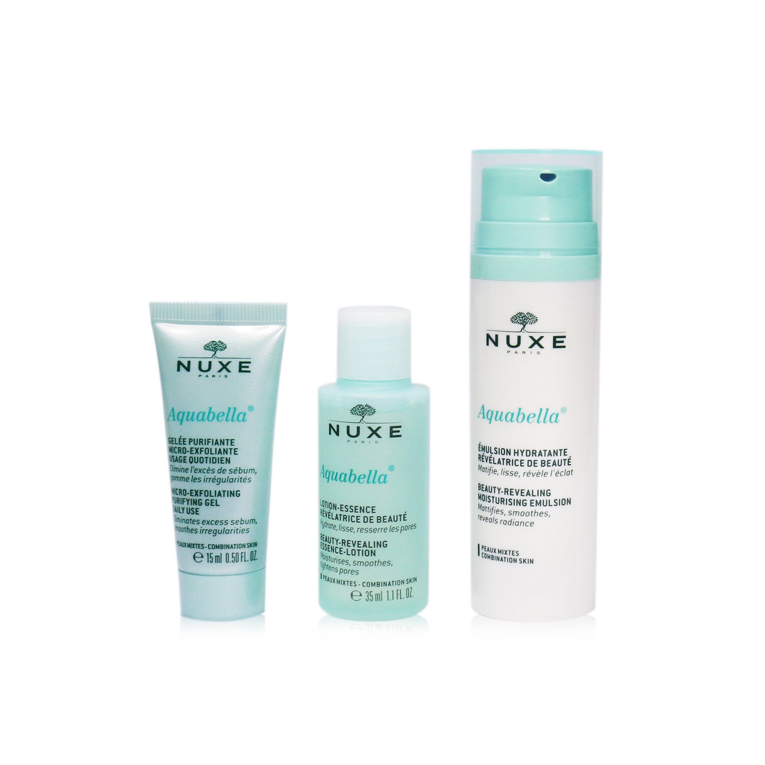 Nuxe Set Aquabella Hidratación (Para Piel Mixta): Gel Purificante 15ml + Esencia-Loción 35ml + Emulsión Hidratante 50ml 3pcs+1bag