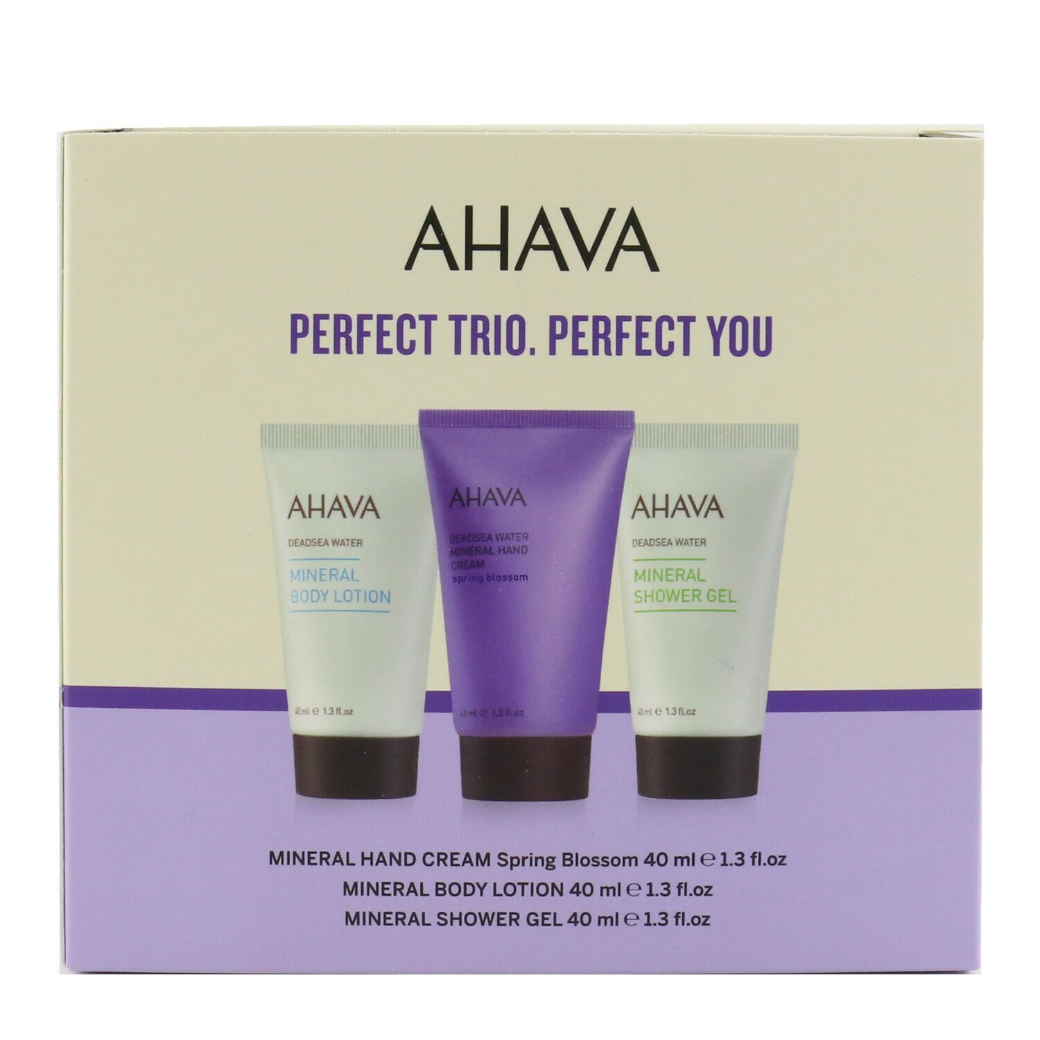 Ahava Set Deadsea Water Perfect Mineral Body Trio: Crema de Manos 40ml + Loción Corporal 40ml + Gel de Ducha 40ml 3pcs