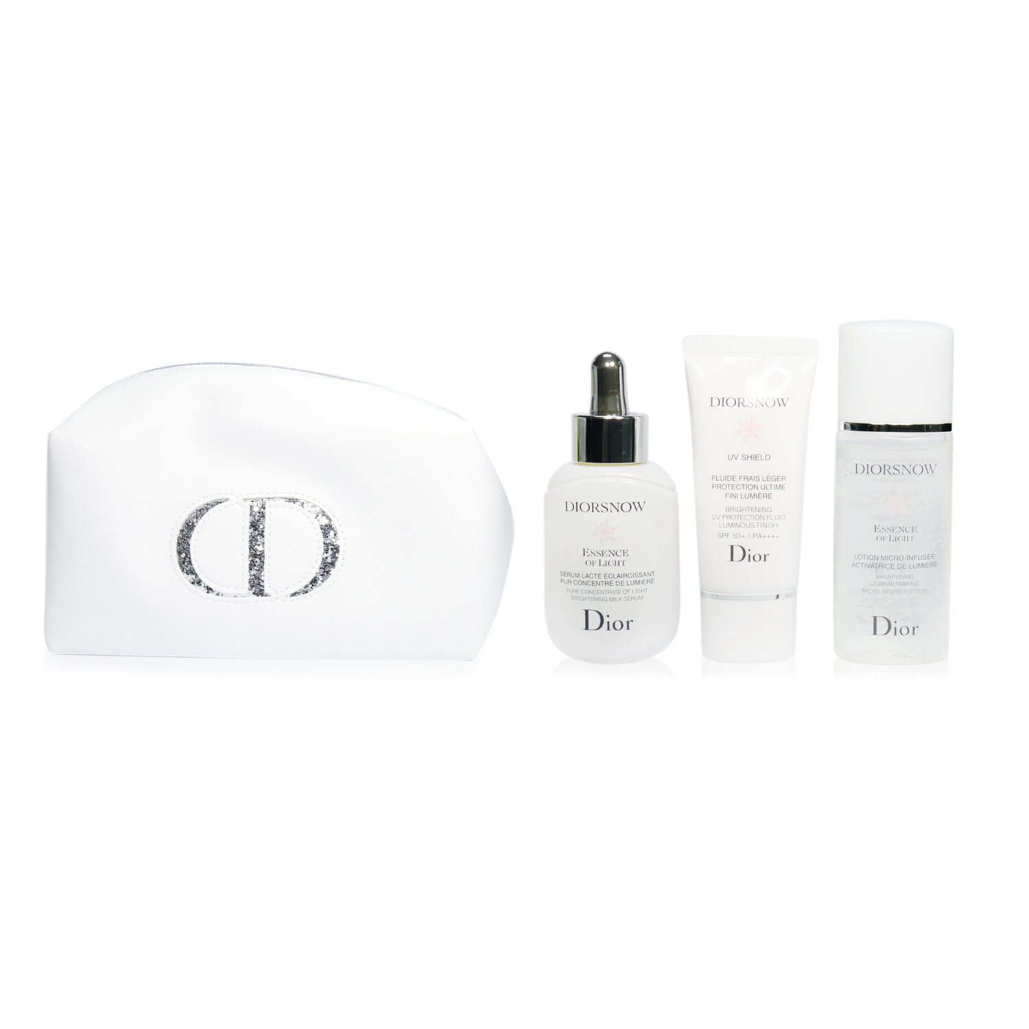 Christian Dior Diorsnow Brightening Collection: Milk Serum + Micro-Infused Lotion + UV Protection Fluid SPF50 + Pouch (Box Slightly Damaged) 3pcs+1pouch