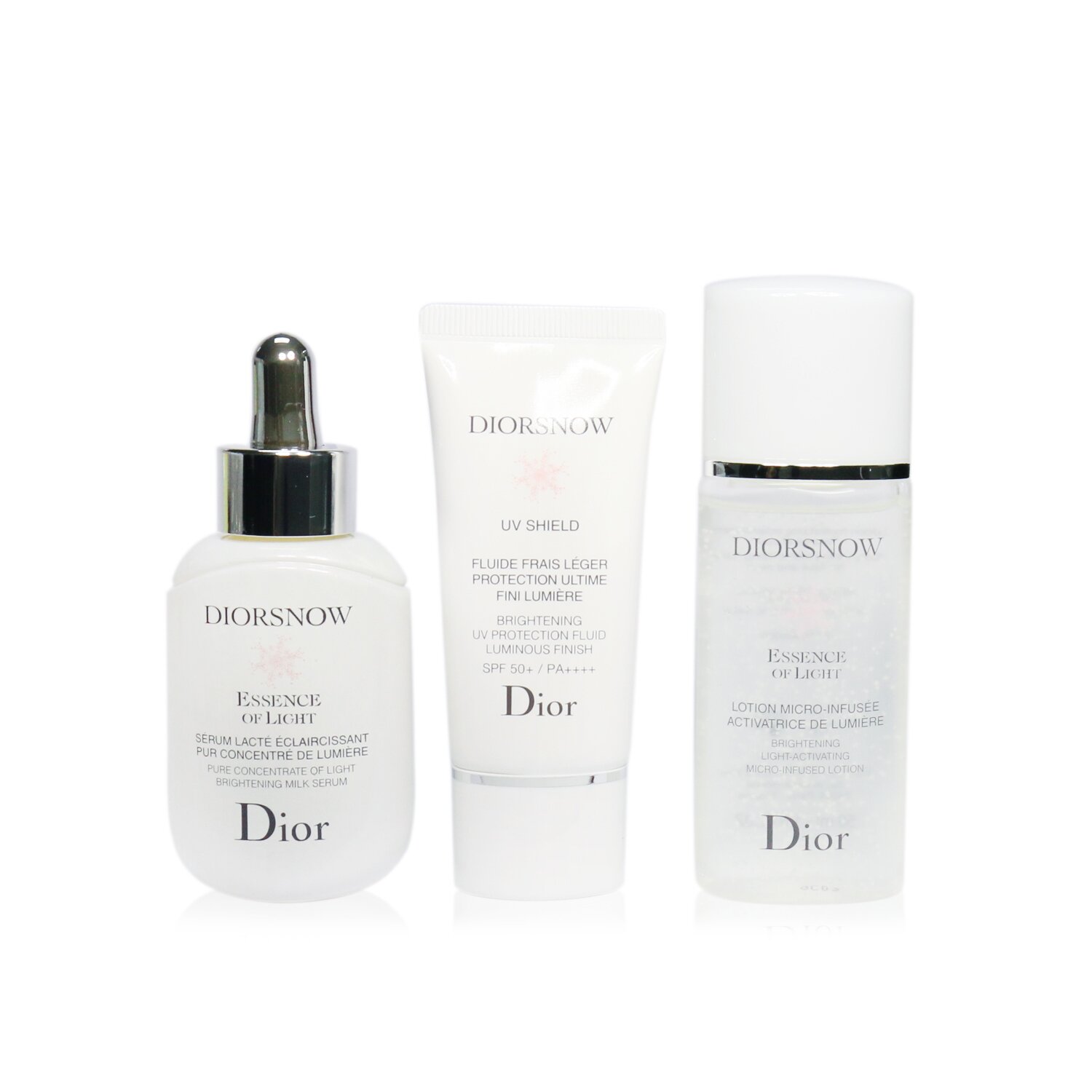 Christian Dior Diorsnow Brightening Collection: Milk Serum + Micro-Infused Lotion + UV Protection Fluid SPF50 + Pouch (Box Slightly Damaged) 3pcs+1pouch