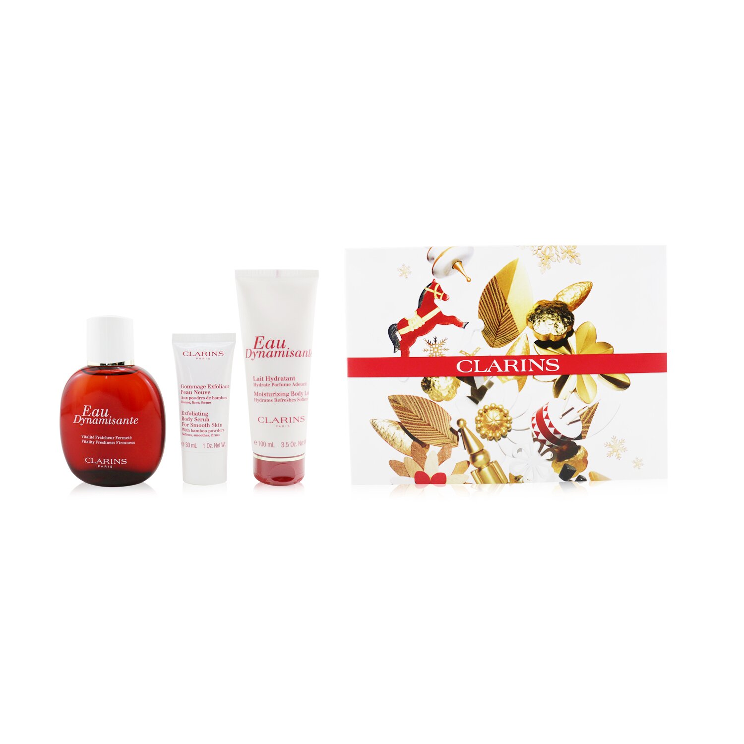 Clarins Eau Dynamisante Coffret: Fragrance Spray 100ml/3.3oz + Moisturizing Body Lotion 100ml/3.5oz + Exfoliating Body Scrub For Smooth Skin 30ml/1oz + Pouch 3pcs+Pouch