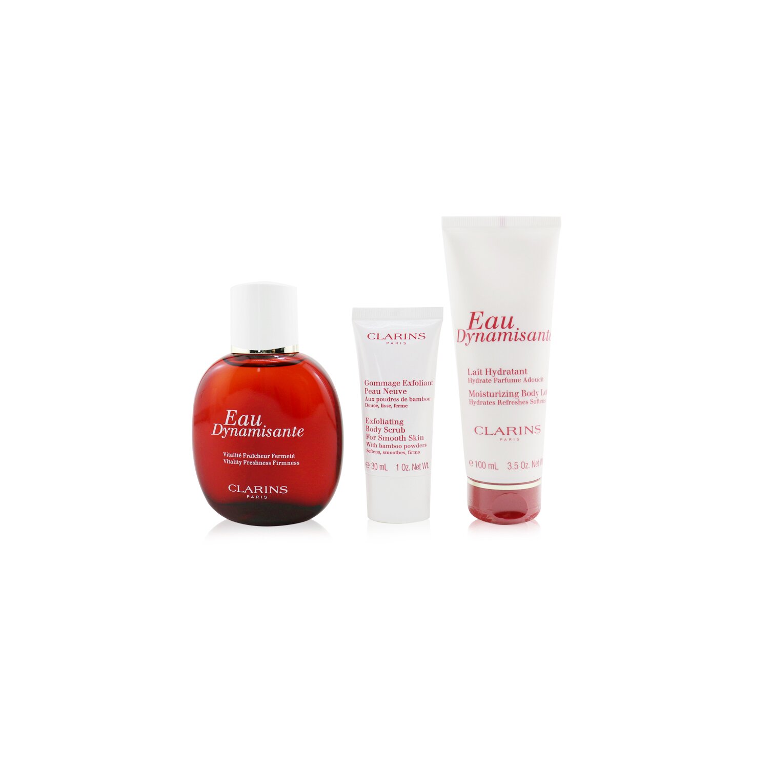 Clarins Eau Dynamisante Coffret: Fragrance Spray 100ml/3.3oz + Moisturizing Body Lotion 100ml/3.5oz + Exfoliating Body Scrub For Smooth Skin 30ml/1oz + Pouch 3pcs+Pouch