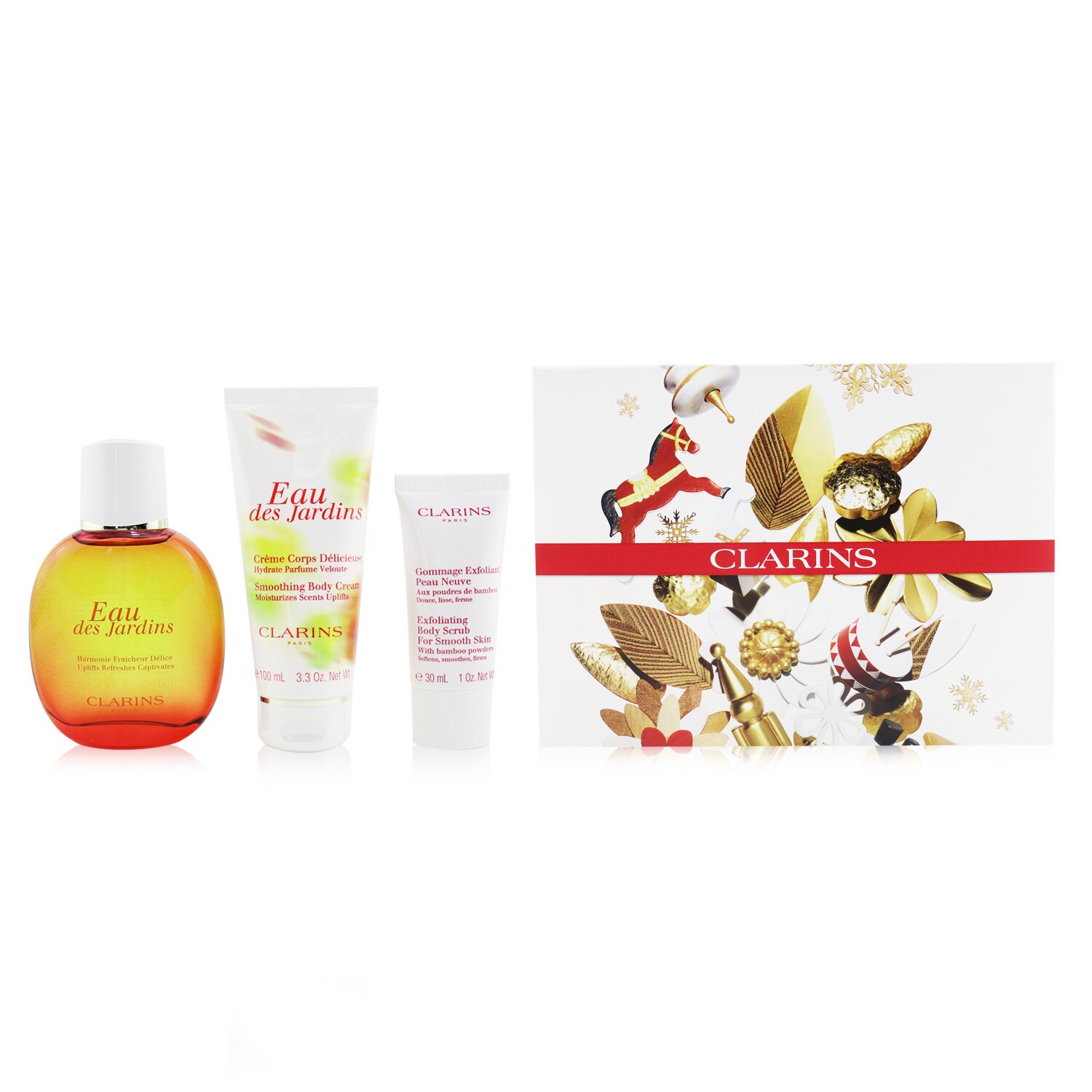 Clarins مجموعة Eau Des Jardins: عطر سبراي 100مل/3.3 أوقية + كريم ملين للجسم 100مل/3.3 أوقية + منظف فرك مقشر للجسم لبشرة ناعمة 30مل/1 أوقية + محفظة 3pcs+Pouch