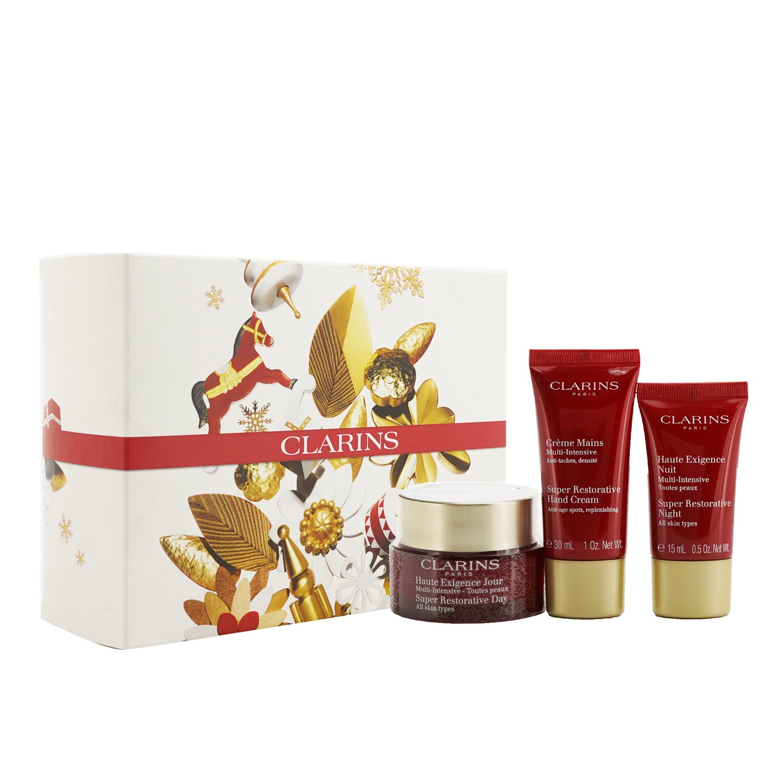 Clarins Super Restorative Collection: Day Cream 50ml/1.7oz + Night Cream 15ml/0.5oz + Hand Cream 30ml/1oz + Bag 3pcs+1bag