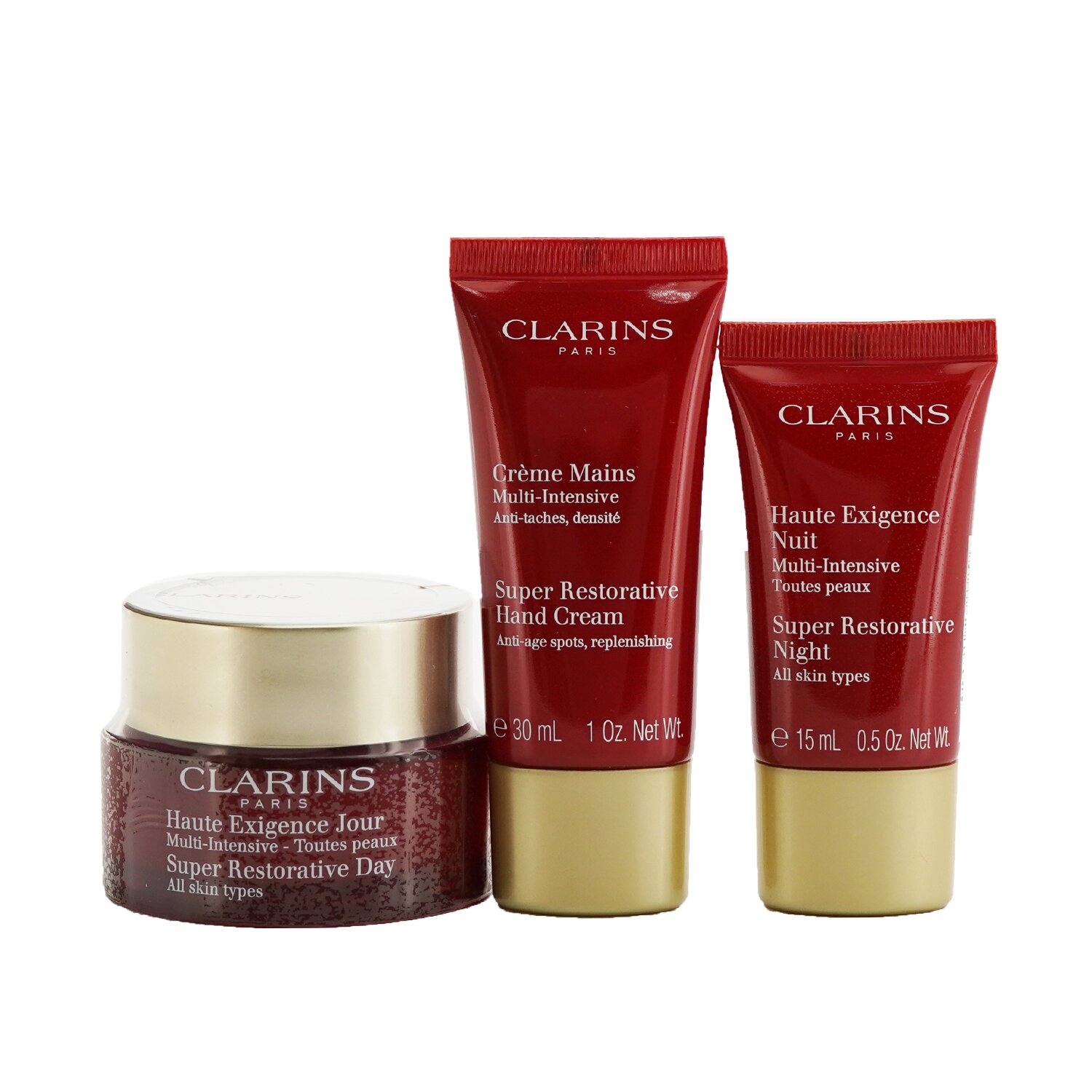 Clarins Super Restorative Collection: Day Cream 50ml/1.7oz + Night Cream 15ml/0.5oz + Hand Cream 30ml/1oz + Bag 3pcs+1bag