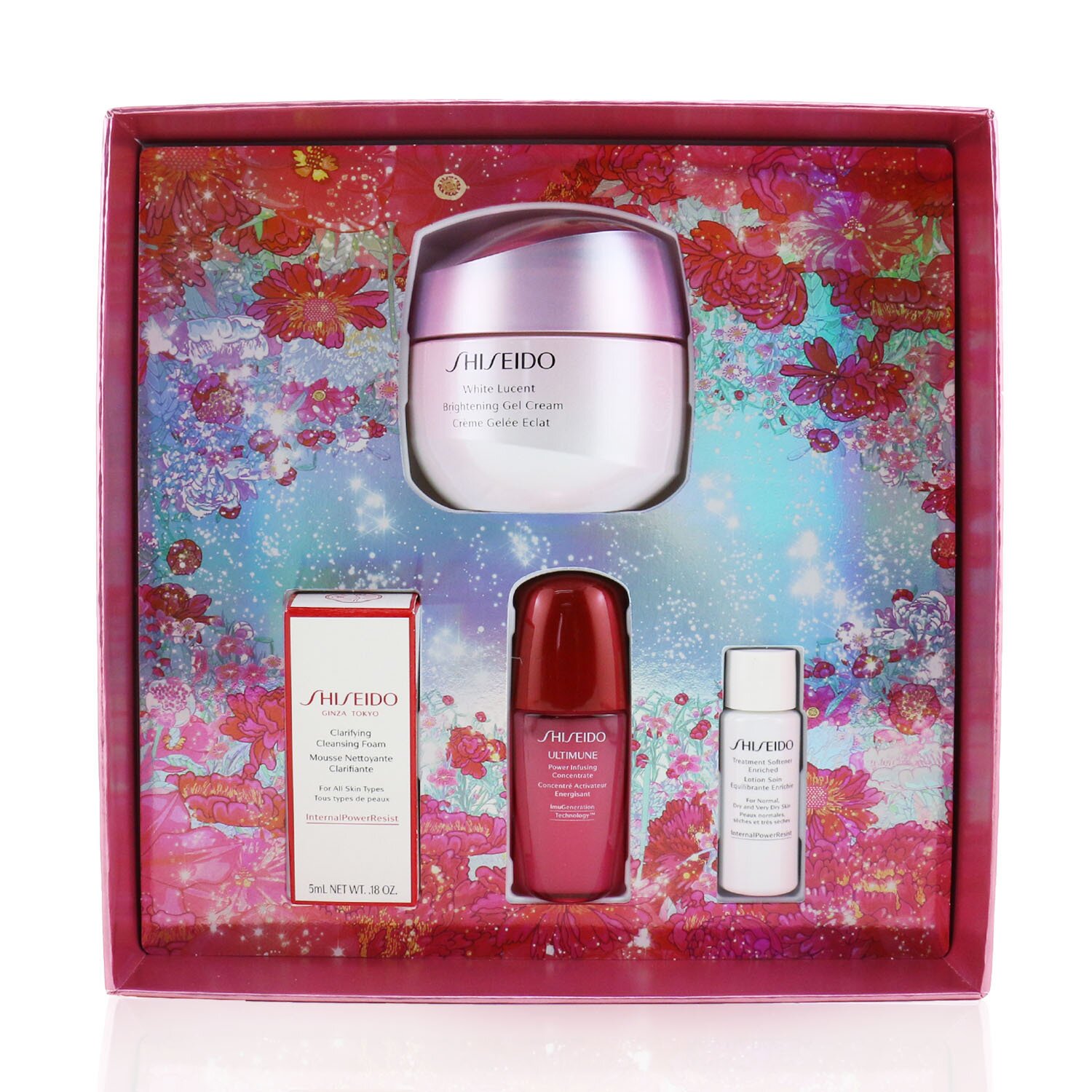 Shiseido Beauty Blossoms White Lucent Brightening Gel Cream Set: Brightening Gel Cream 50ml + Cleansing Foam 5ml + Softener Enriched 7ml + Ultimune Concentrate 10ml 4pcs