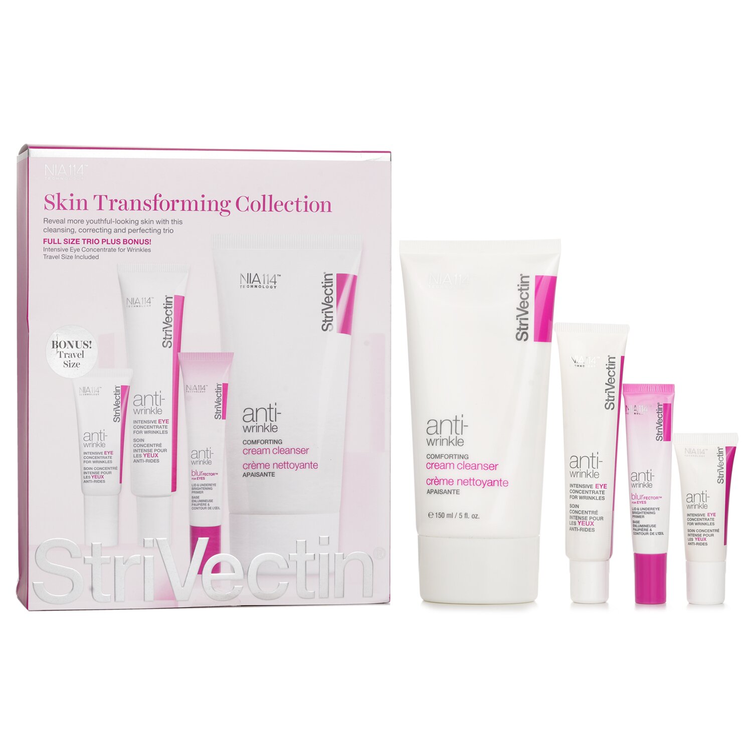 StriVectin Skin Transforming Collection (Trío de Tamaño Completo): Limpiador 150ml + Concentrado de Ojos (30ml+7ml) + Primer de Ojos 10ml 4pcs
