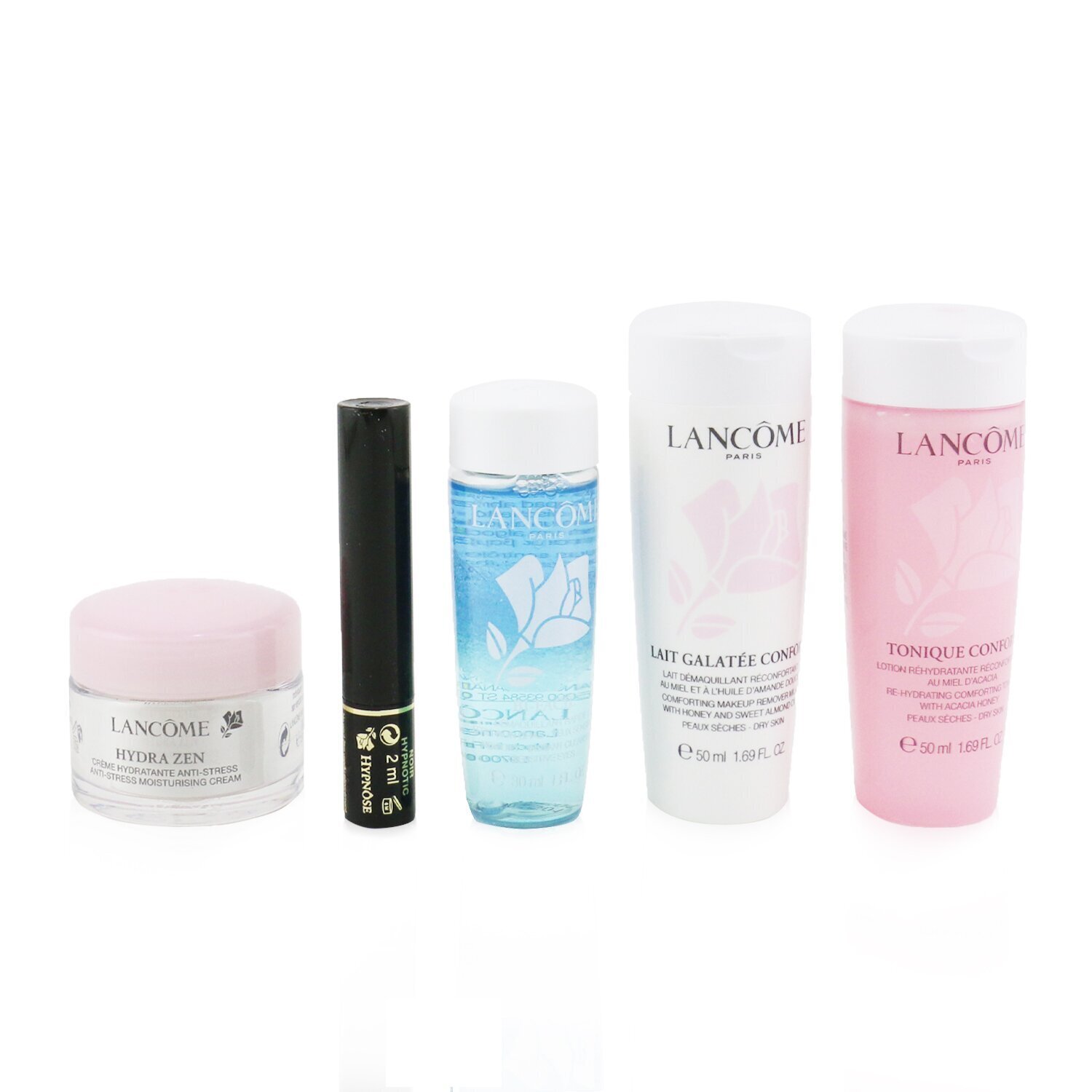 Lancome My Travel Essentials Set:Confort Galatee 50ml+Confort Tonique 50ml+Hypnose 2ml+Hydra Zen Cream 15ml+Bi-Facil 30ml 5pcs