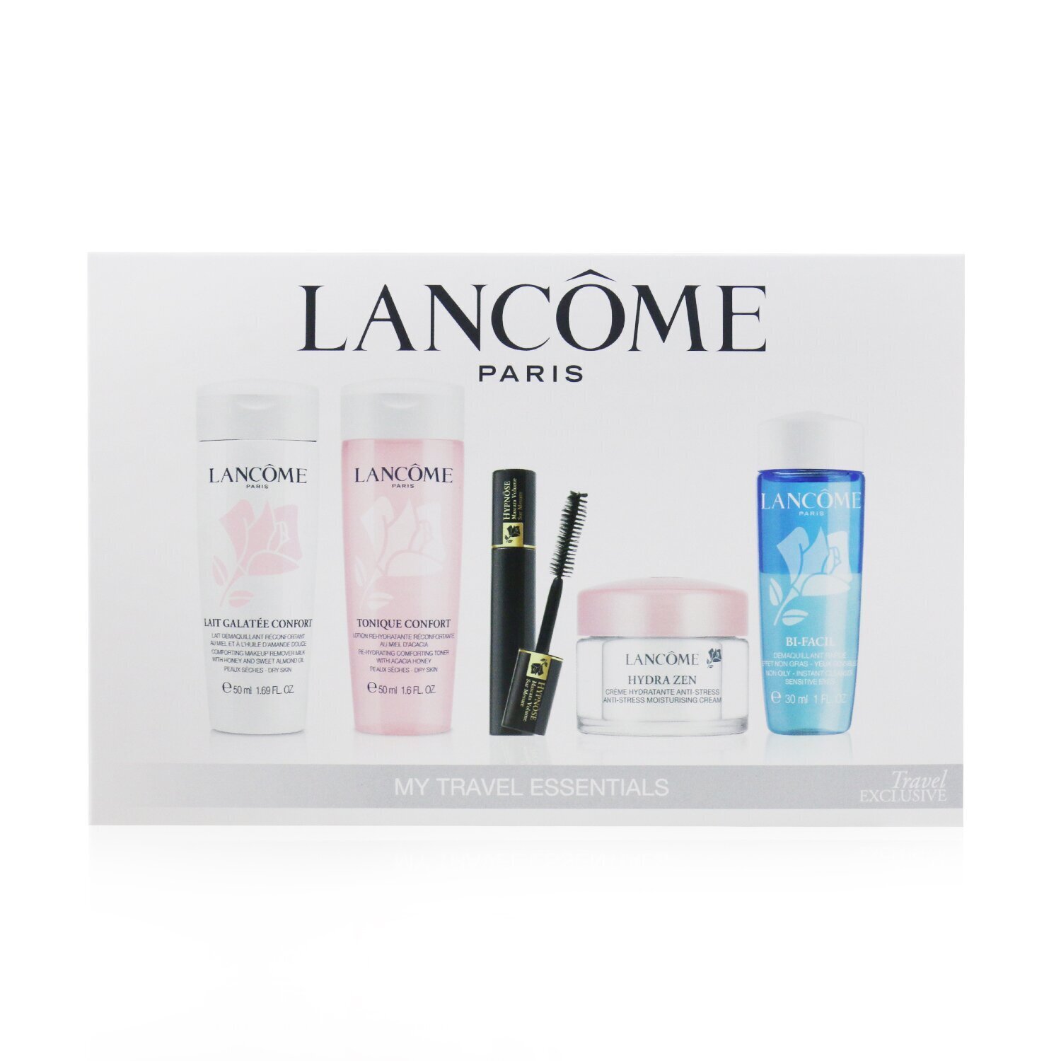 Lancome My Travel Essentials Set:Confort Galatee 50ml+Confort Tonique 50ml+Hypnose 2ml+Hydra Zen Cream 15ml+Bi-Facil 30ml 5pcs