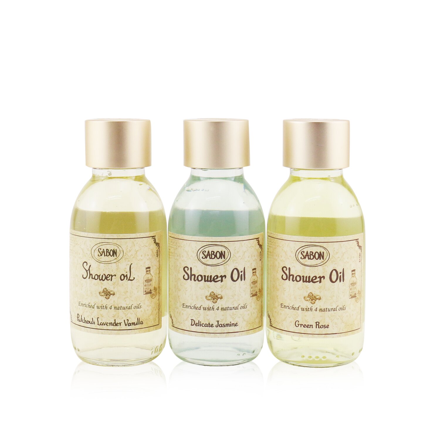 Sabon Shower Oil Trio Kit: Patchouli Lavender & Vanilla 100ml + Delicate Jasmine 100ml + Green Rose 100ml 3x100ml/3.38oz