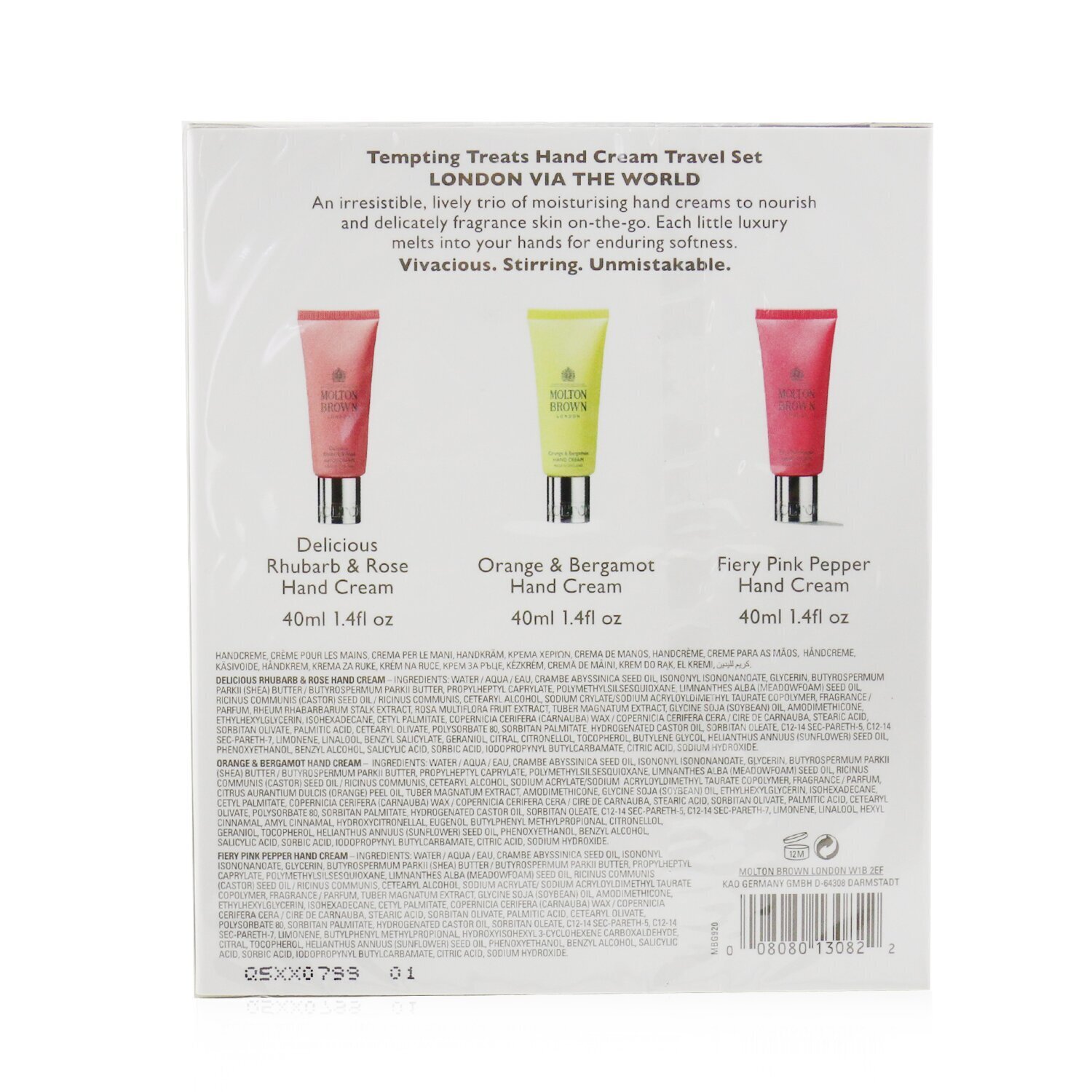 Molton Brown Tempting Treats Hand Cream Travel Set: Delicious Rhubarb & Rose Hand Cream+Orange & Bergamot Hand Cream+Fiery Pink Hand Cream 3pcs