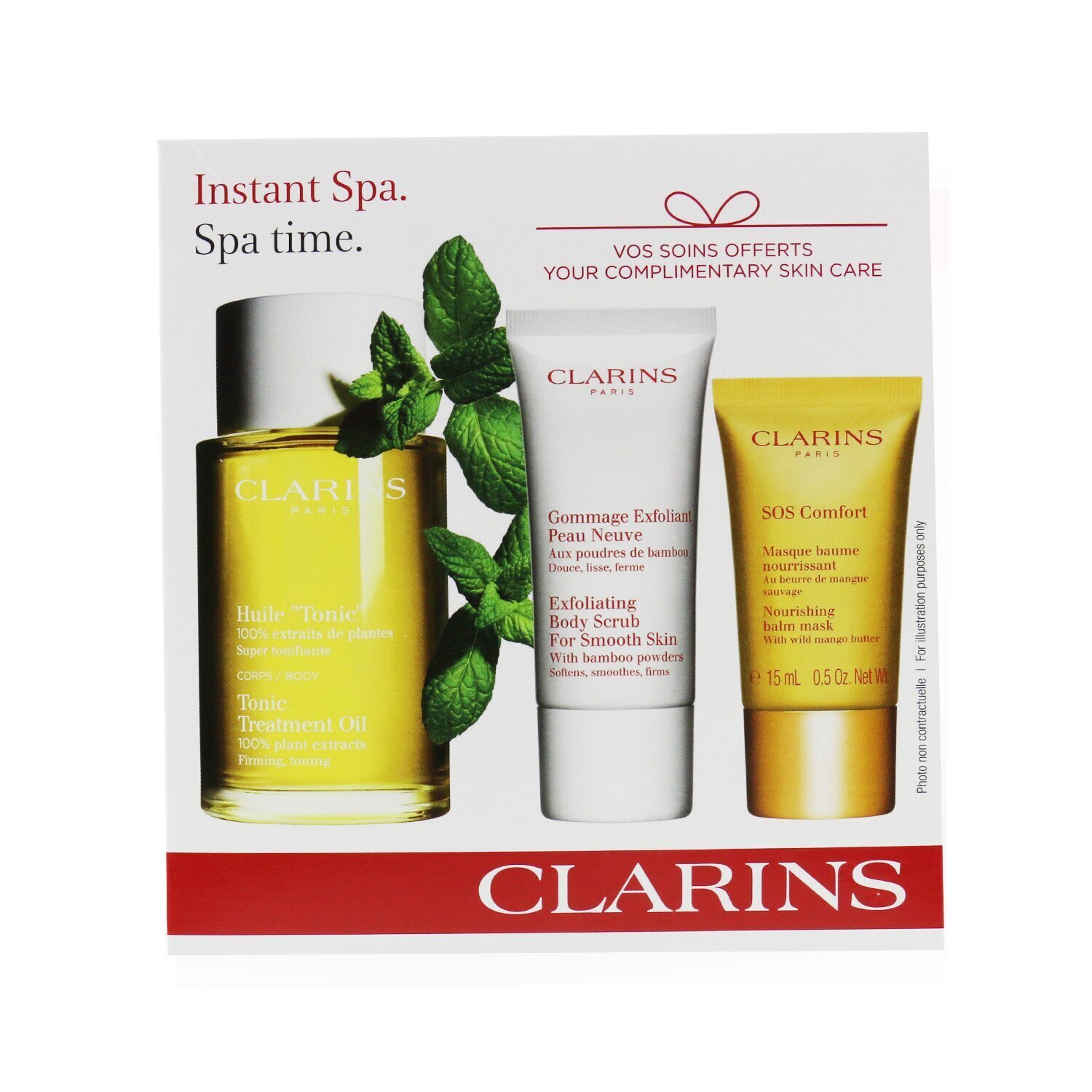 Clarins Set SPA At Home: Aceite Tratamiento Corporal Tónico 100ml + Exfoliante Corporal 30ml + SOS Comfort Mascarilla 15ml 3pcs