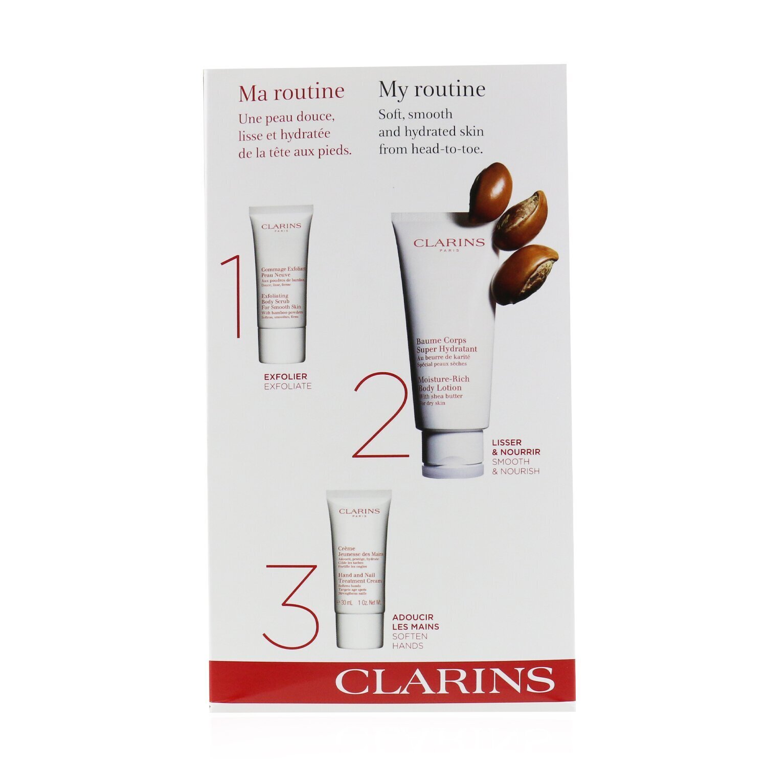 Clarins Perfect Hydration Body Set: Moisture-Rich Body Lotion 200ml+ Hand & Nail Treatment 30ml+ Body Scrub 30ml 3pcs