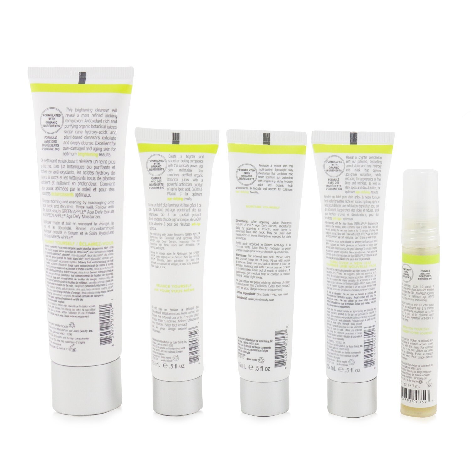 Juice Beauty Brightening Solutions Set: 30 Day Discovery Kit For Brightening & Correcting Uneven Skin Tone: Cleanser + Serum + Peel + Brightening Moisturizer SPF 15 + Age Defy Moisturizer 5pcs