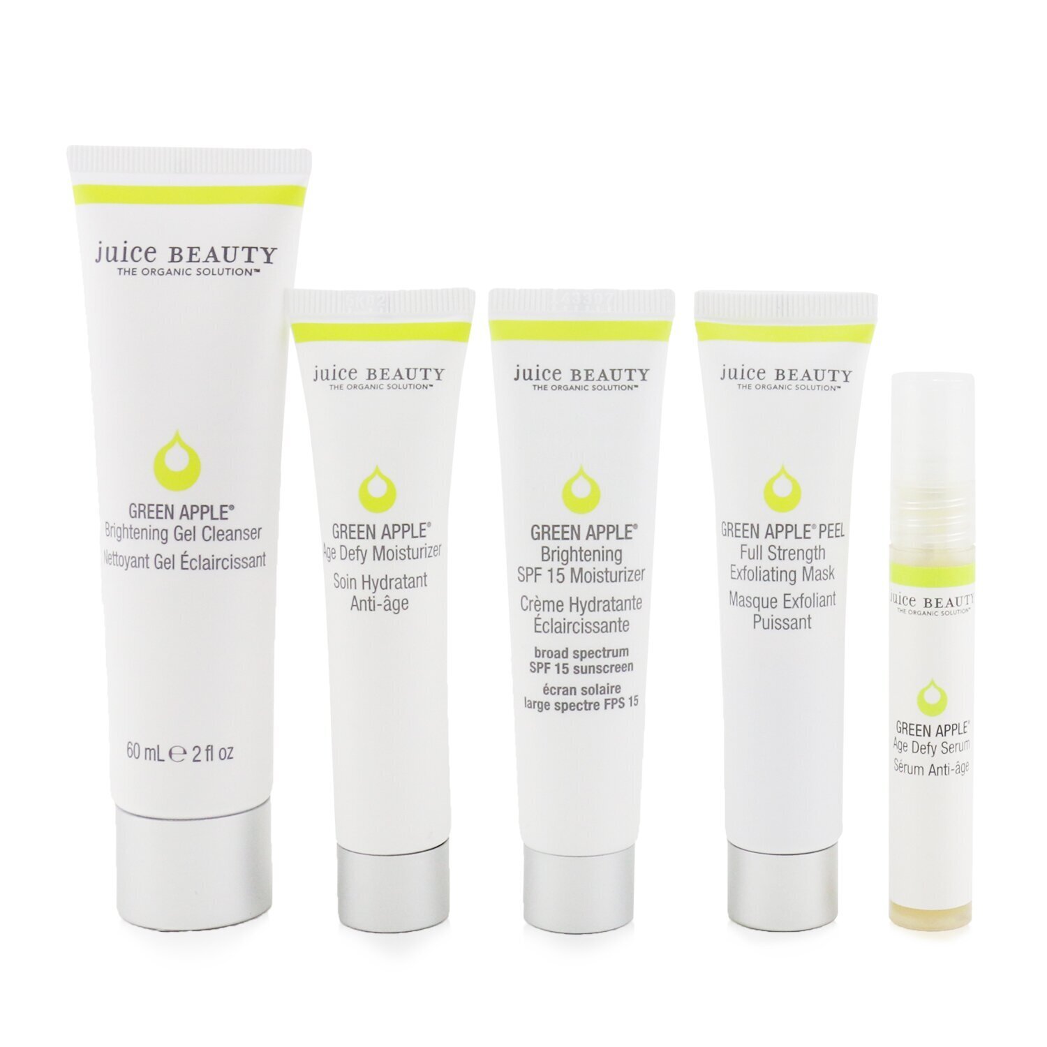 Juice Beauty Brightening Solutions Set: 30 Day Discovery Kit For Brightening & Correcting Uneven Skin Tone: Cleanser + Serum + Peel + Brightening Moisturizer SPF 15 + Age Defy Moisturizer 5pcs