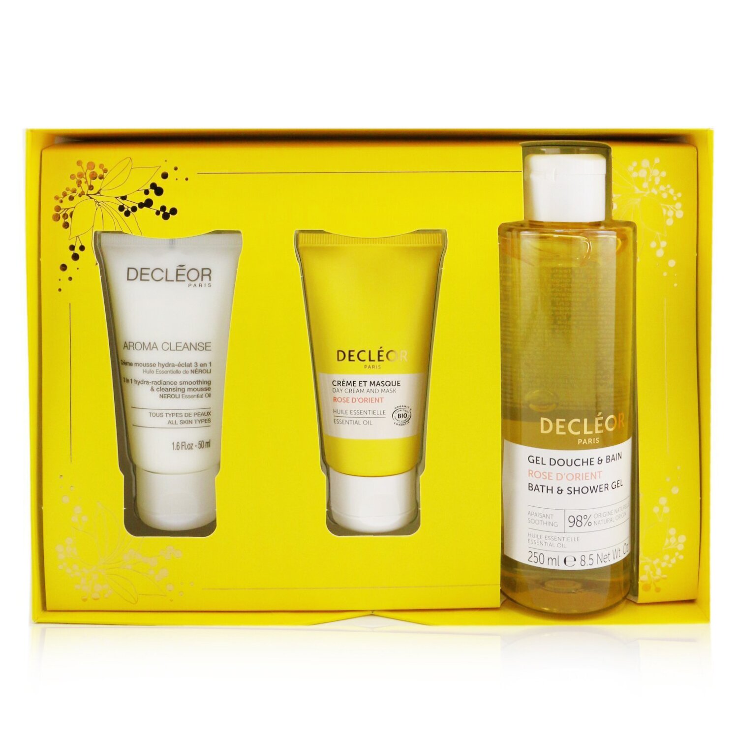 Decleor Infinite Soothing Rose Damascena Skincare Set: Aroma Cleanse Cleansing Mousse+ Day Cream & Mask+ Bath & Shower Gel 3pcs