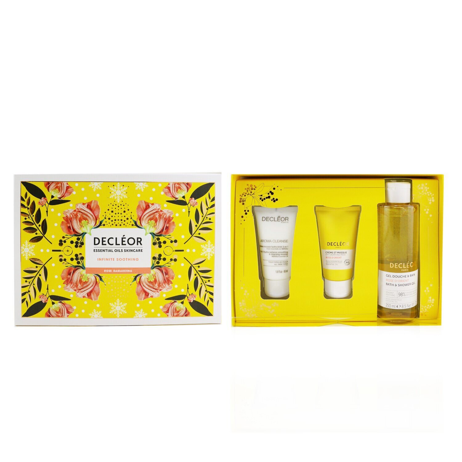 Decleor Infinite Soothing Rose Damascena Skincare Set: Aroma Cleanse Cleansing Mousse+ Day Cream & Mask+ Bath & Shower Gel 3pcs
