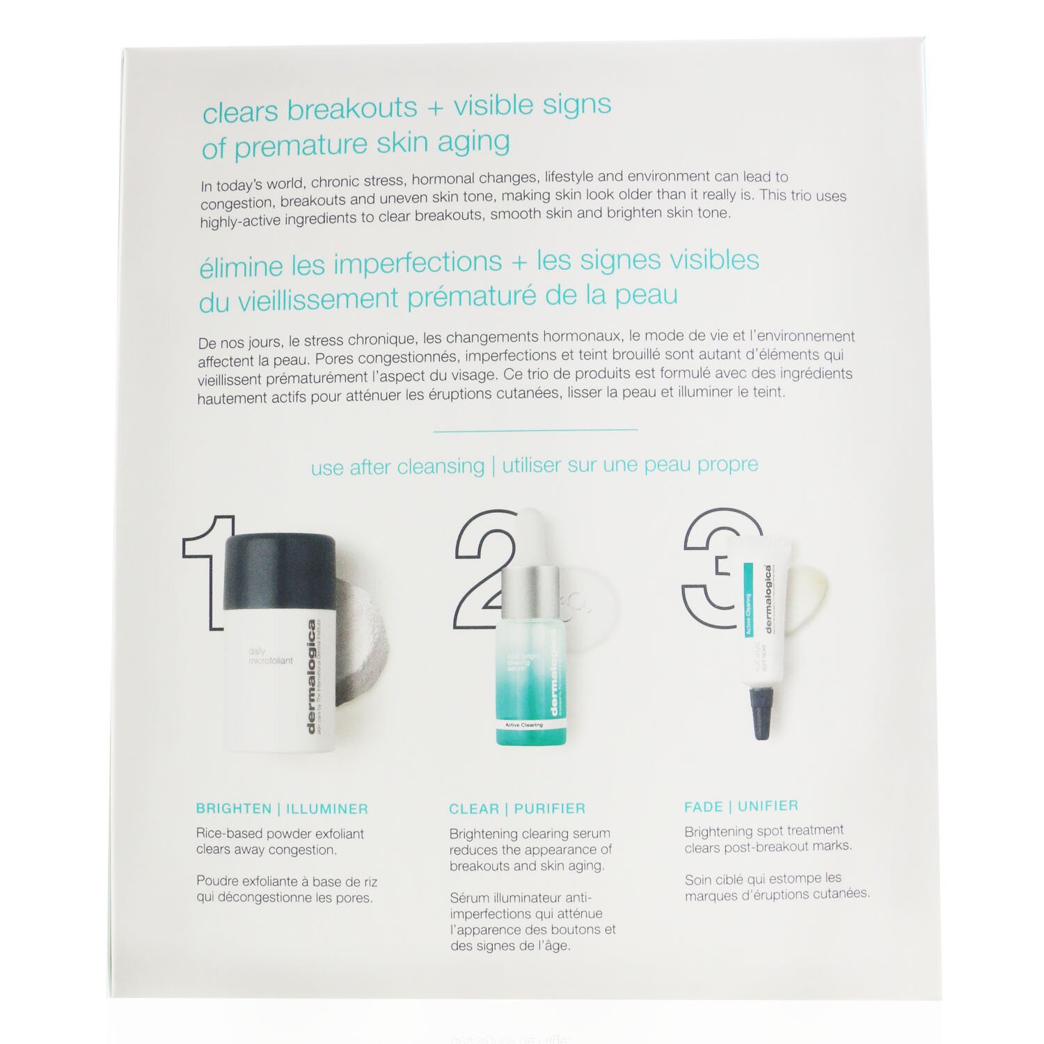 Dermalogica Kit Clear & Brighten: Microfoliante Diario 13g + Age Bright Suero Limpiador 10ml + Age Bright Desvanecedor de Manchas 6ml 3pcs