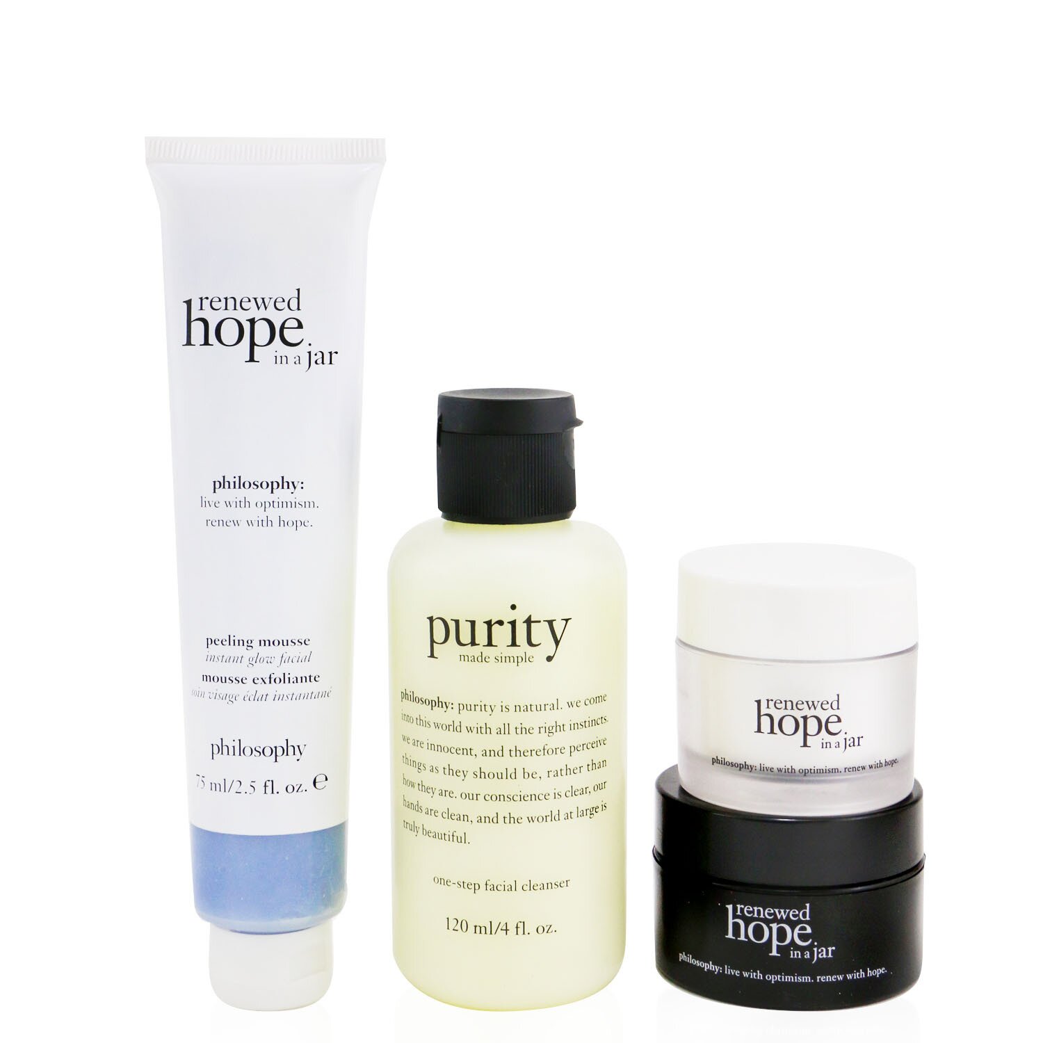 Philosophy Renewed & Grateful 4-Pieces Gift Set: One-Step Facial Cleanser 120ml + Peeling Mousse 75ml + Overnight Moisturizer 15ml + Moisturizer 15ml 4pcs